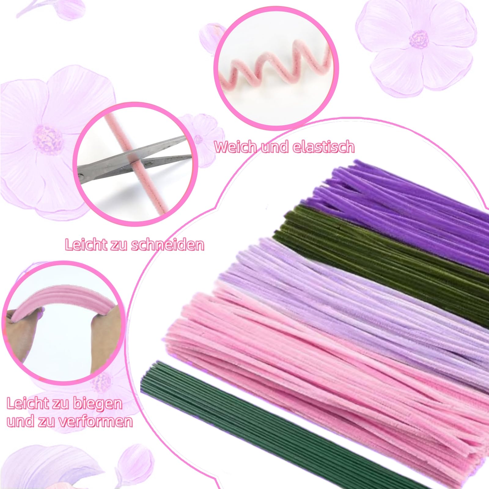 523 Pieces Pipe Cleaners Flowers Creative DIY Craft Set with 400 Pipe Cleaners Flexible Chenille Wire (30 cm) Pink, Green with Flower Handle Adults & Decoration (Purple) - Image 3