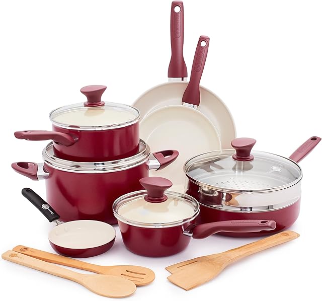 GreenPan Rio Healthy Ceramiczne nieprzywierające 16-częściowy zestaw garnków i patelni do gotowania, bez PFA, można myć w zmywarce, czerwony