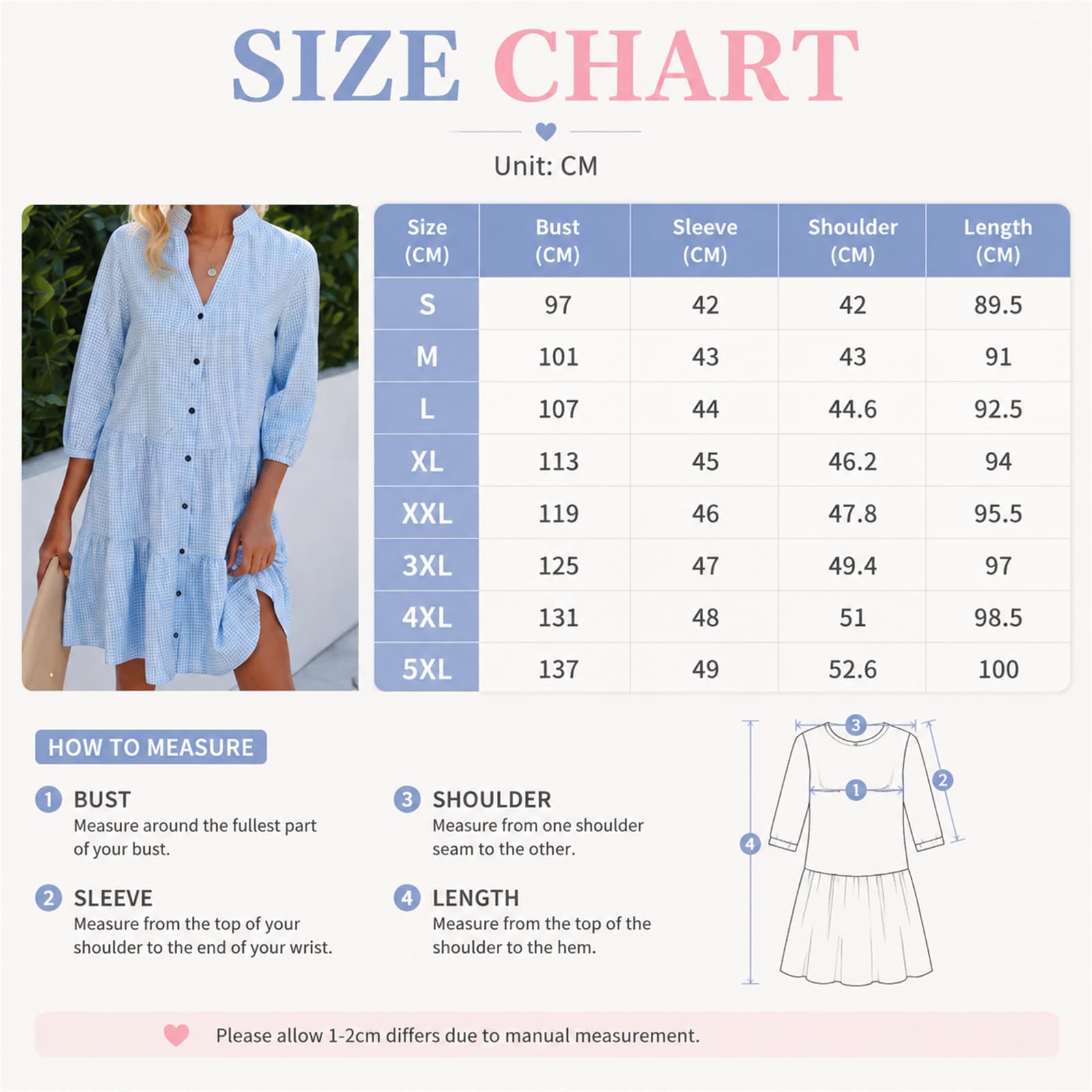 Abito Estivo Casual da Donna a Quadri Vichy, Modello a Trapezio a Balze con Maniche a 3/4 – Leggero e Ideale per Vacanze al Mare