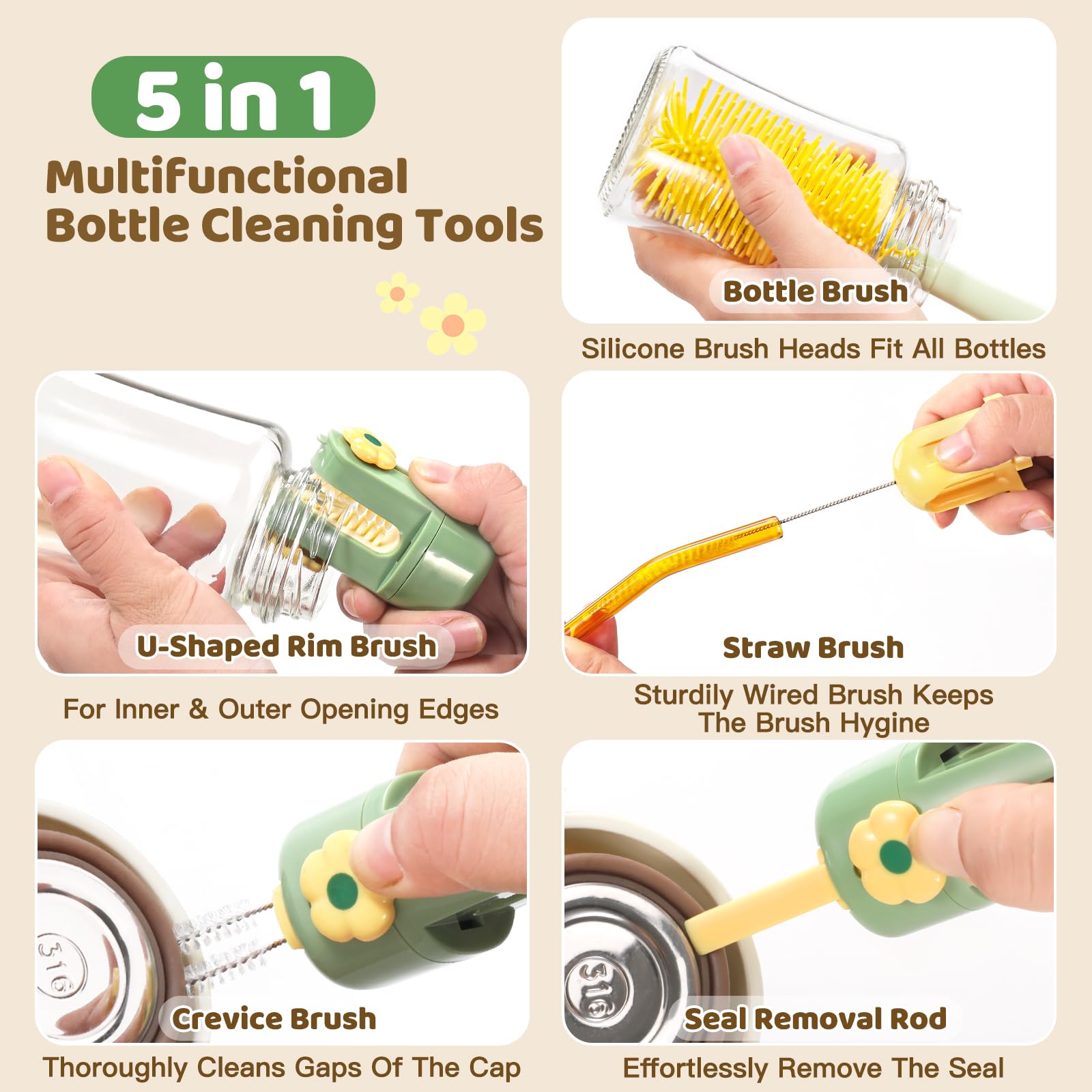Pack de 2 Scovolino Biberon, 5-in-1 Scovolino Per Bottiglie con Spazzolino Integrato per Tettarelle, Cannucce, Pulisciorlo a U e Gancho Extractor, Durevole & Compatto, Verde