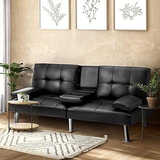 Oikiture 3 Seater Sofa Bed with Adjustable Backrest and Cup Holders PU Leather Sofa Couch Lounge Black