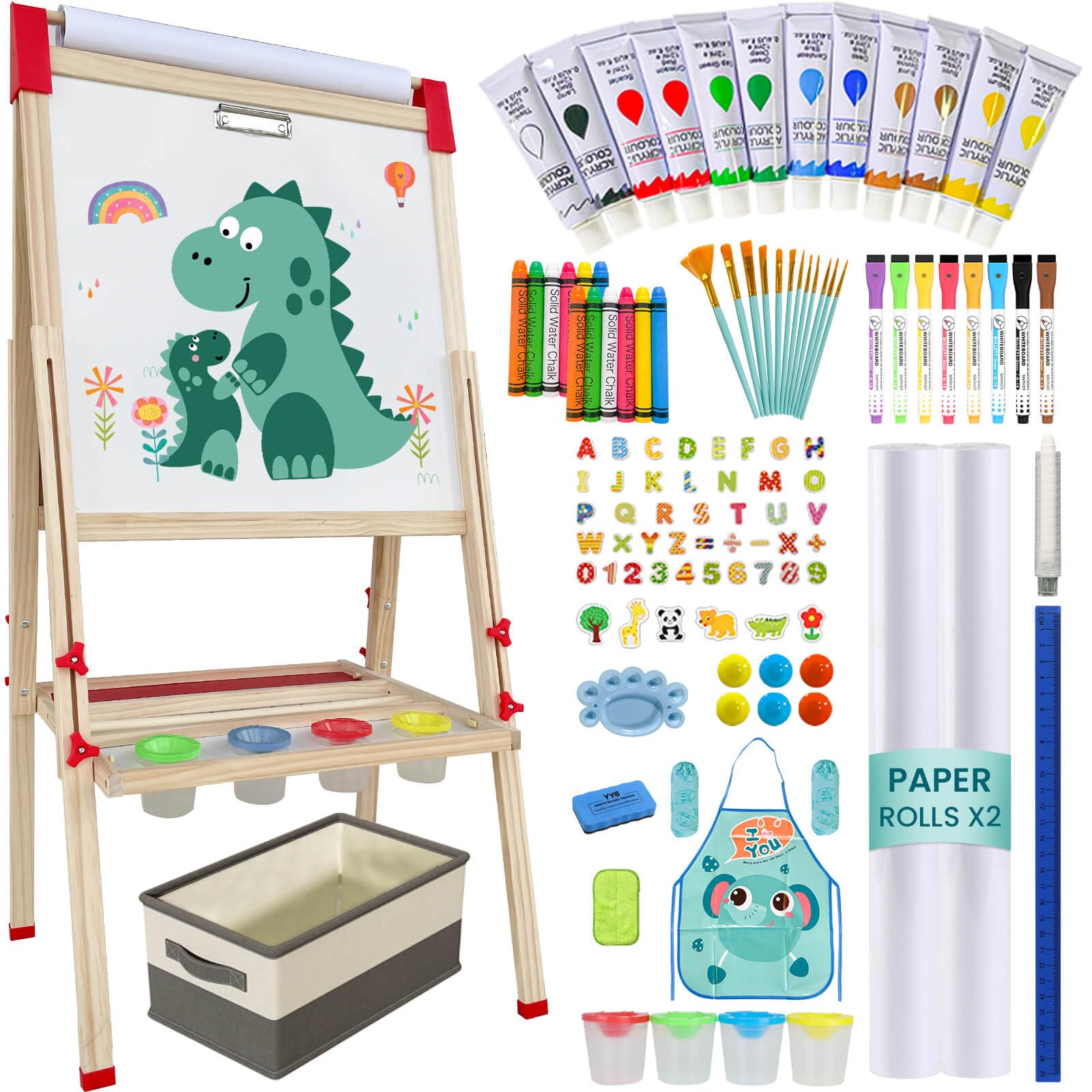 Caballete para niños, caballete de arte de madera ajustable para niños, más de 114 suministros de arte, pizarra magnética de doble cara y pizarra blanca para niños, dibujo y pintura para niños de 2 a