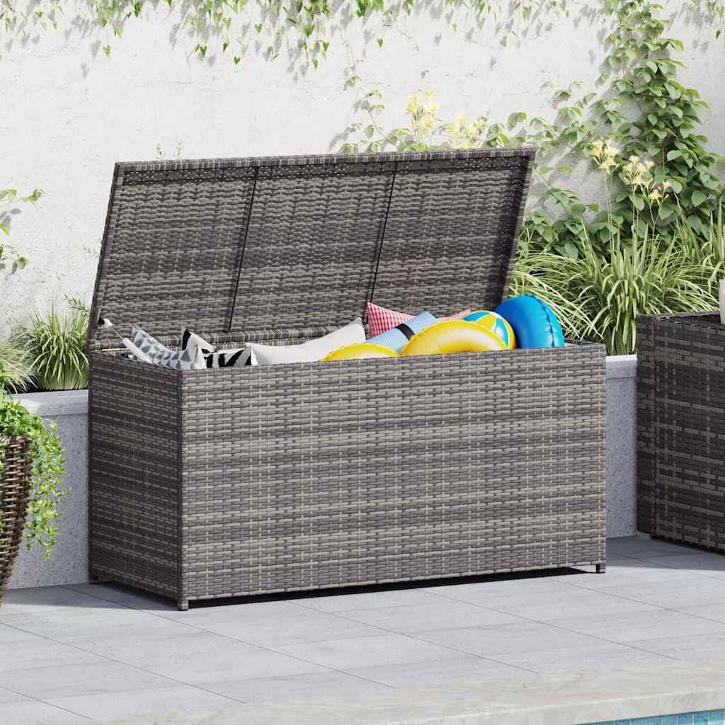 Caja para cojines de jardín gris 120 x 50 x 60 cm, de polirratán con bolsillo interior para cojines, cojines, mantas, cojines de asiento, juguetes y libros, resistente a la intemperie,