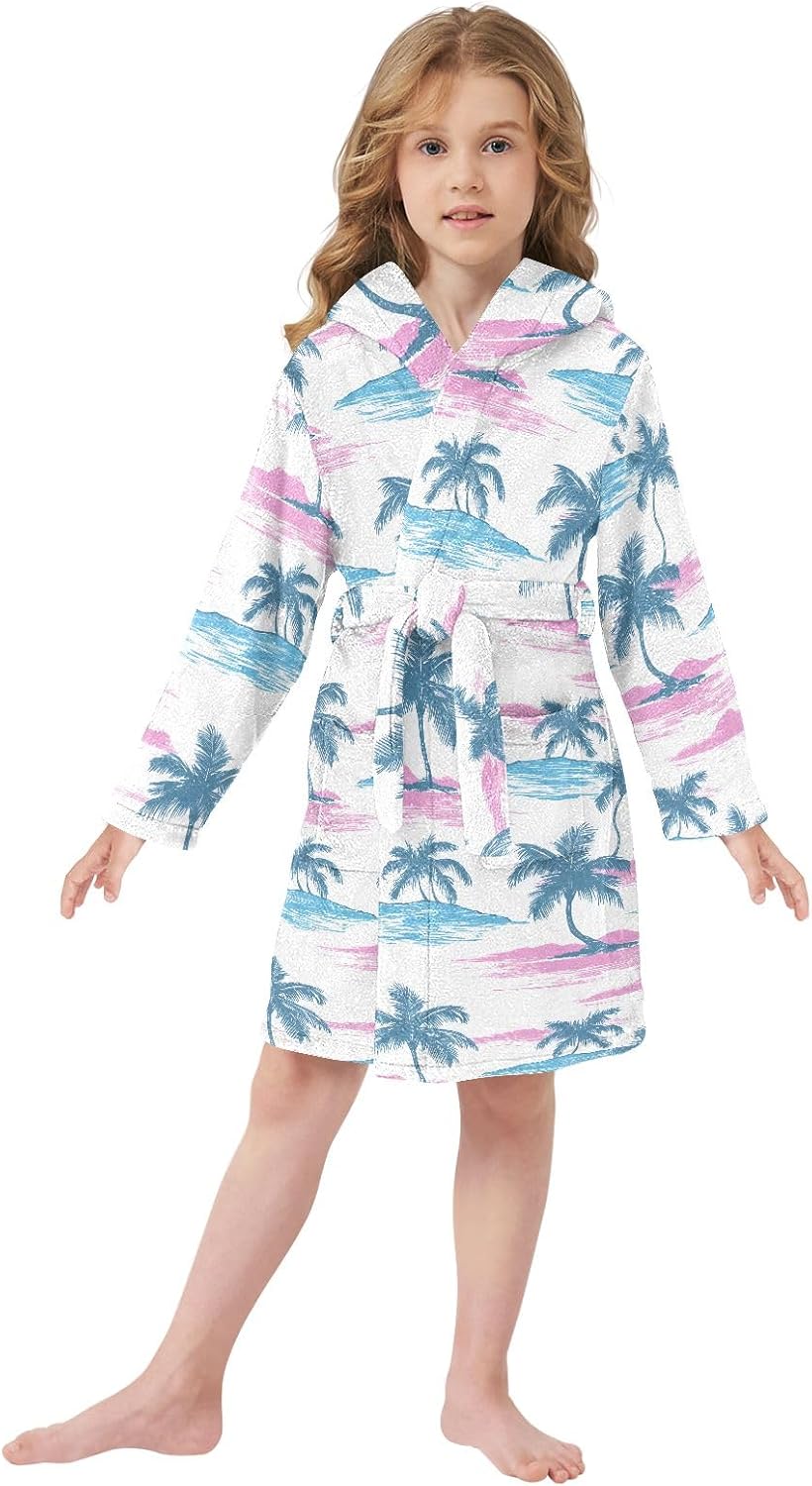 Palm Trees Retro Beach Pattern Toddler Hooded Bathrobe for Boys Girls Soft Plush Bath Towel Robe 2-12 Years
