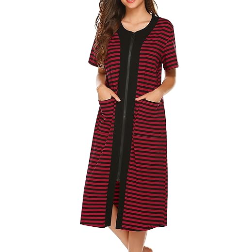 Ekouaer Plus Size House Coat Zipper Nightgown Cotton Loungewear Dress Zip Front Robe for Women