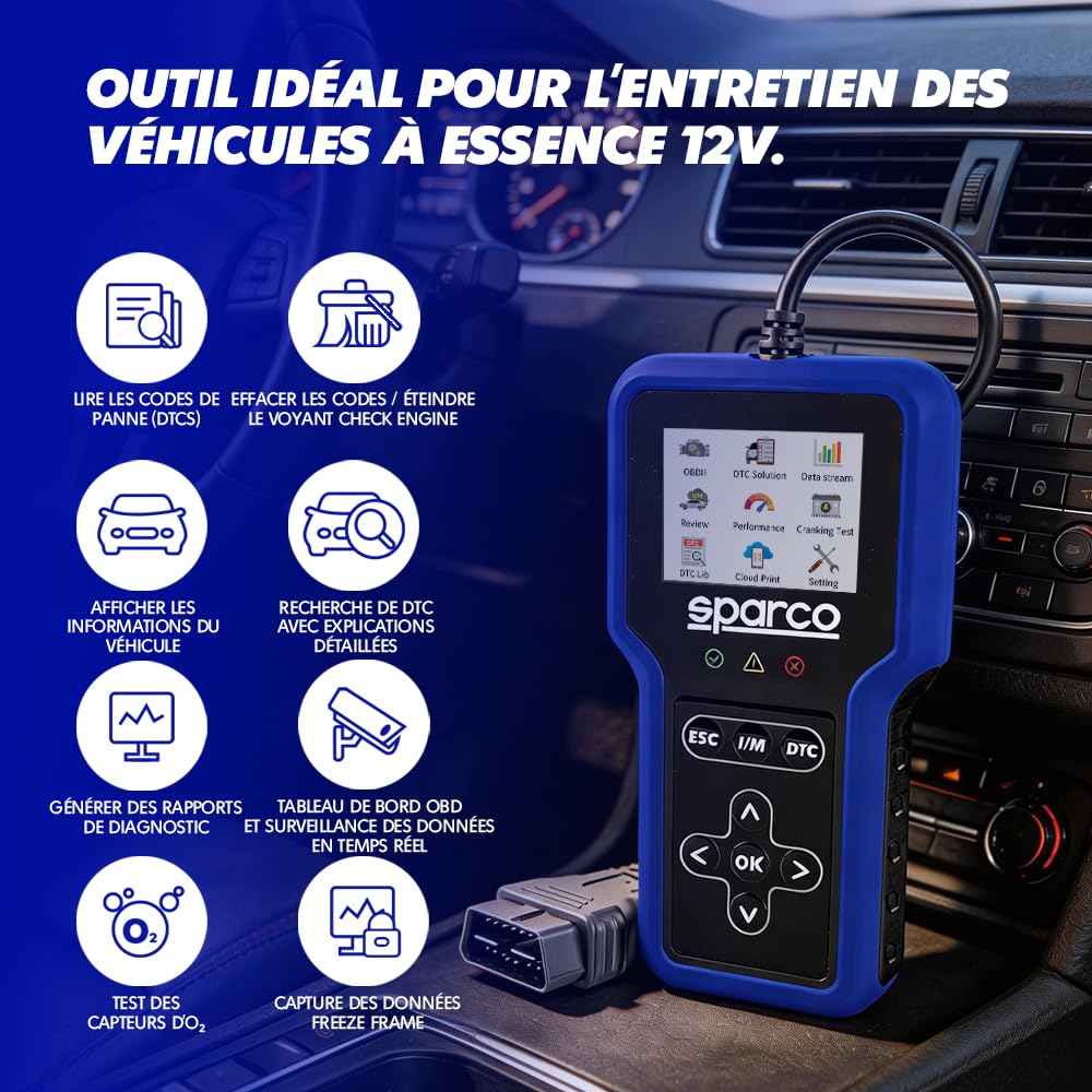 Sparco Dispositif de Diagnostic Automobile OBD2 Scanner Lecteur de Codes d'erreur Moteur et Transmission avec Test de Batterie et émissions I/M Readiness Multilingue pour véhicules à Essence
