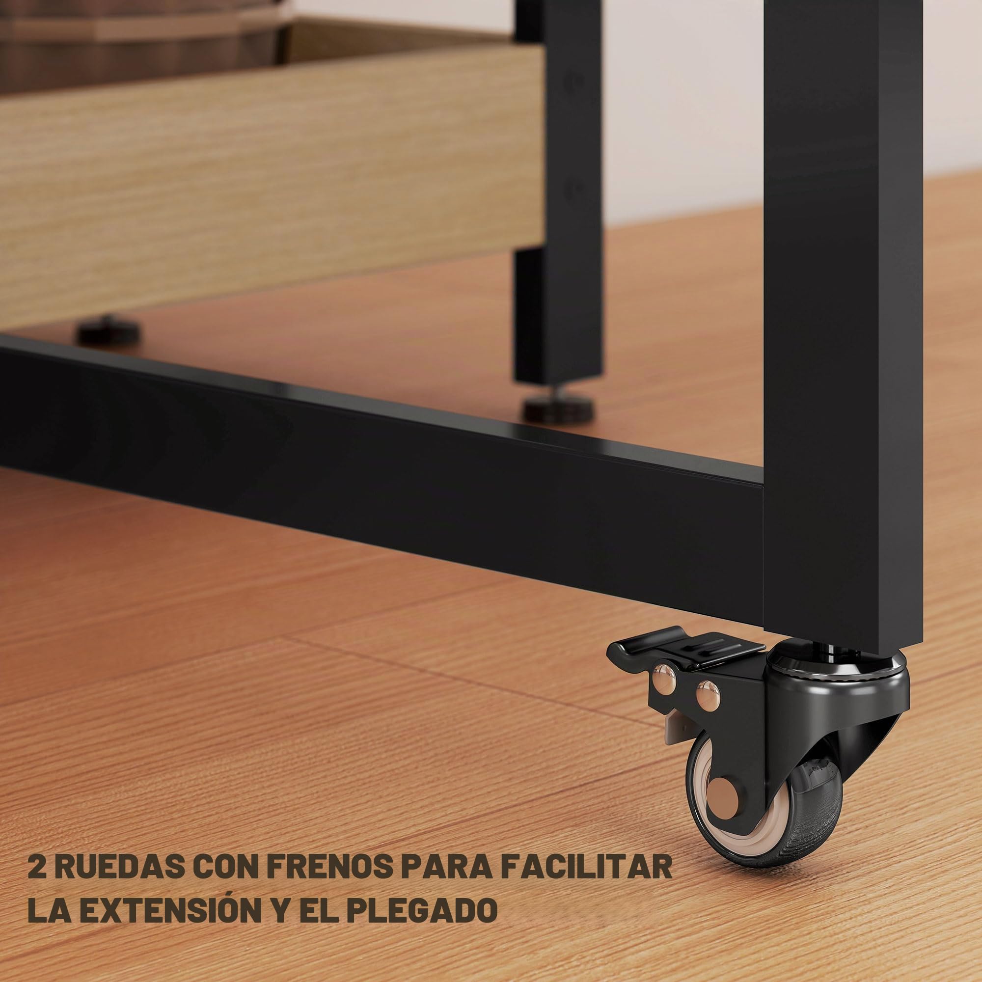 HOMCOM Mesa de Comedor Plegable Extensible sobre Ruedas para 4 Roble | Mesa de cocina rectangular plegable, estantes abiertos, ahorra espacio, comedor