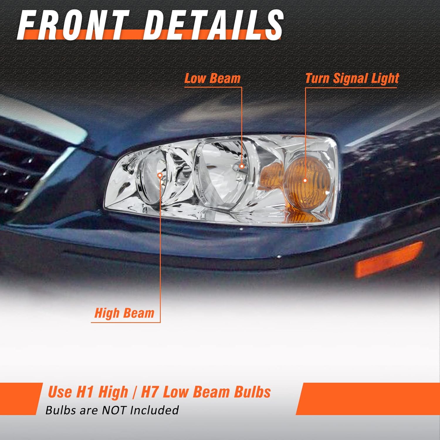 Headlights Assembly for 2004 2005 2006 Hyundai Elantra models only Chrome Housing Amber Reflector Replacement Driver & Passenger Side（No bulbs included）