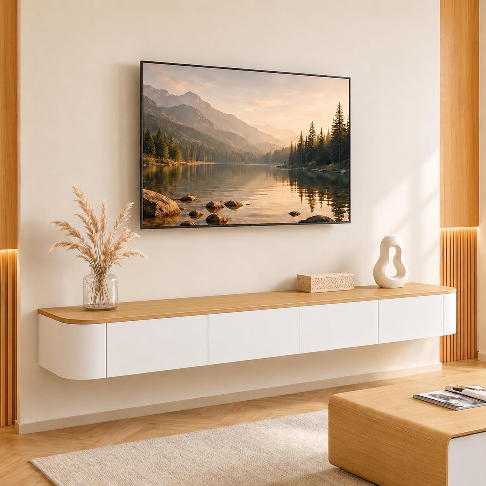 Meuble TV Suspendu Moderne | Console multimédia de Divertissement Murale | Grand Banc de Rangement pour TV pour Salon et Bureau (Blanc Bois, 160cm)