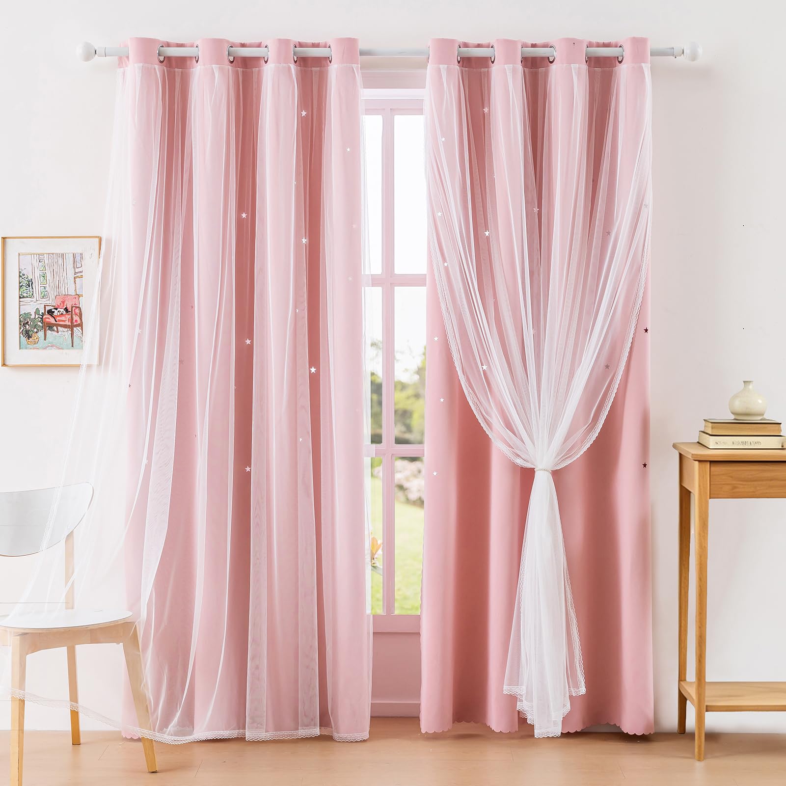 indistar Star Cutout Kids Window Blackout Curtains for Girl Bedroom Window Room Darkening Curtains & Drapes Baby Nursery Curtains (2 Panel,52Wx63L inch,Blush Pink)