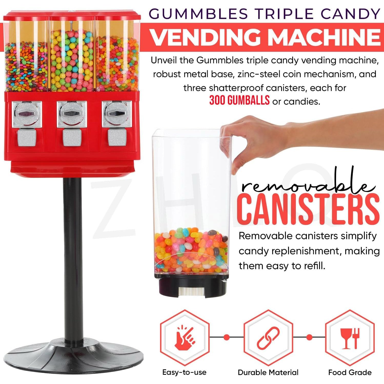 Máquina Expendedora De Chicles Y Caramelos Con Soporte, Máquina Expendedora De Chicles De Metal Con Cápsulas De Juguete Que Funciona Con Monedas 25 Céntimos O 1 Eur Y 3 Bote,Red-0.4in+1to1.37in*2