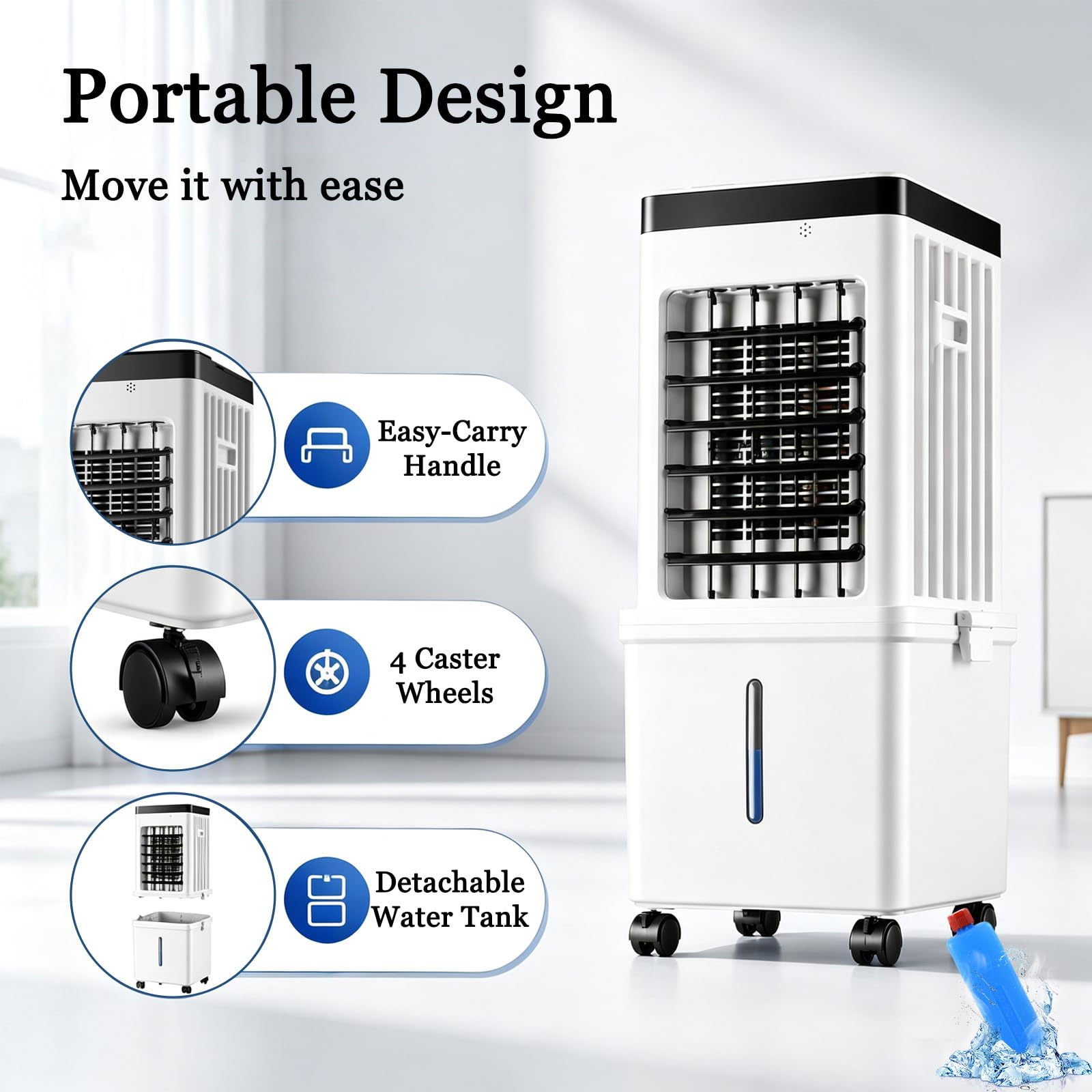 Condizionatore Portatile,Ventilatore a Freddo con Telecomando | 15L Raffrescatore d'aria, 90° Oscillazione, Telecomando, Timer 1-7,5 ore, Silenzioso per Casa Ufficio,Letto e Garage