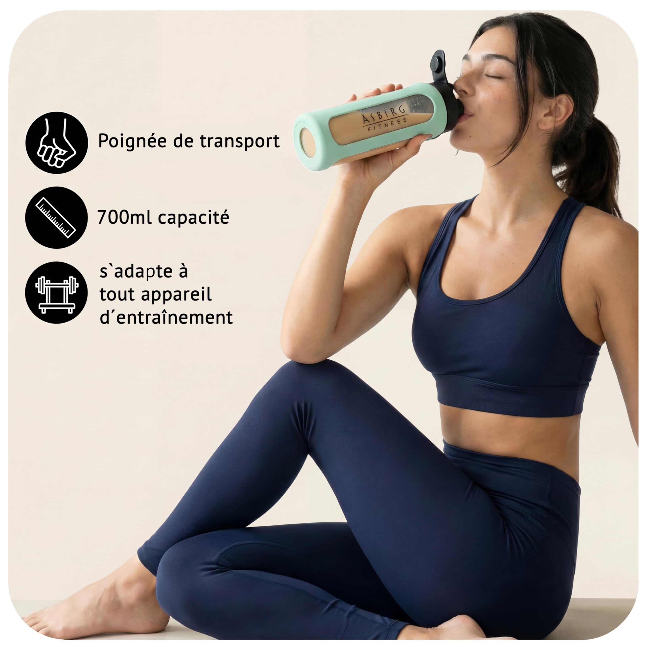 Shaker Protéines en Verre Trempé - 700ml Gourde avec Boule Mélangeuse | Étanche, Sans BPA & Résistant | Vert Pastel