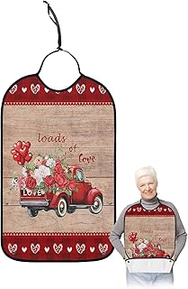 BOBOWUNY Valentiens Day Truck Adult Bibs for Elder Women Men Eating, Roses Love Heart Red Checkered Vintage Wood Waterproof & Washable Bibs for Eating Clothing Protector Dining Bibs for Crumb Catcher