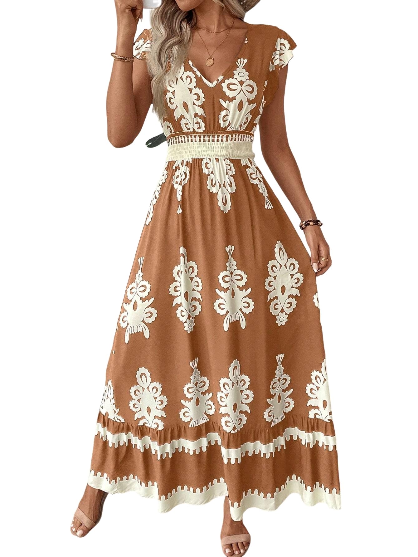 CURBODO Women Dress 2025 Trendy Maxi Dress Shirred Ruffled Hem Cap Sleeve Drawstring Waist A-Line Sundress
