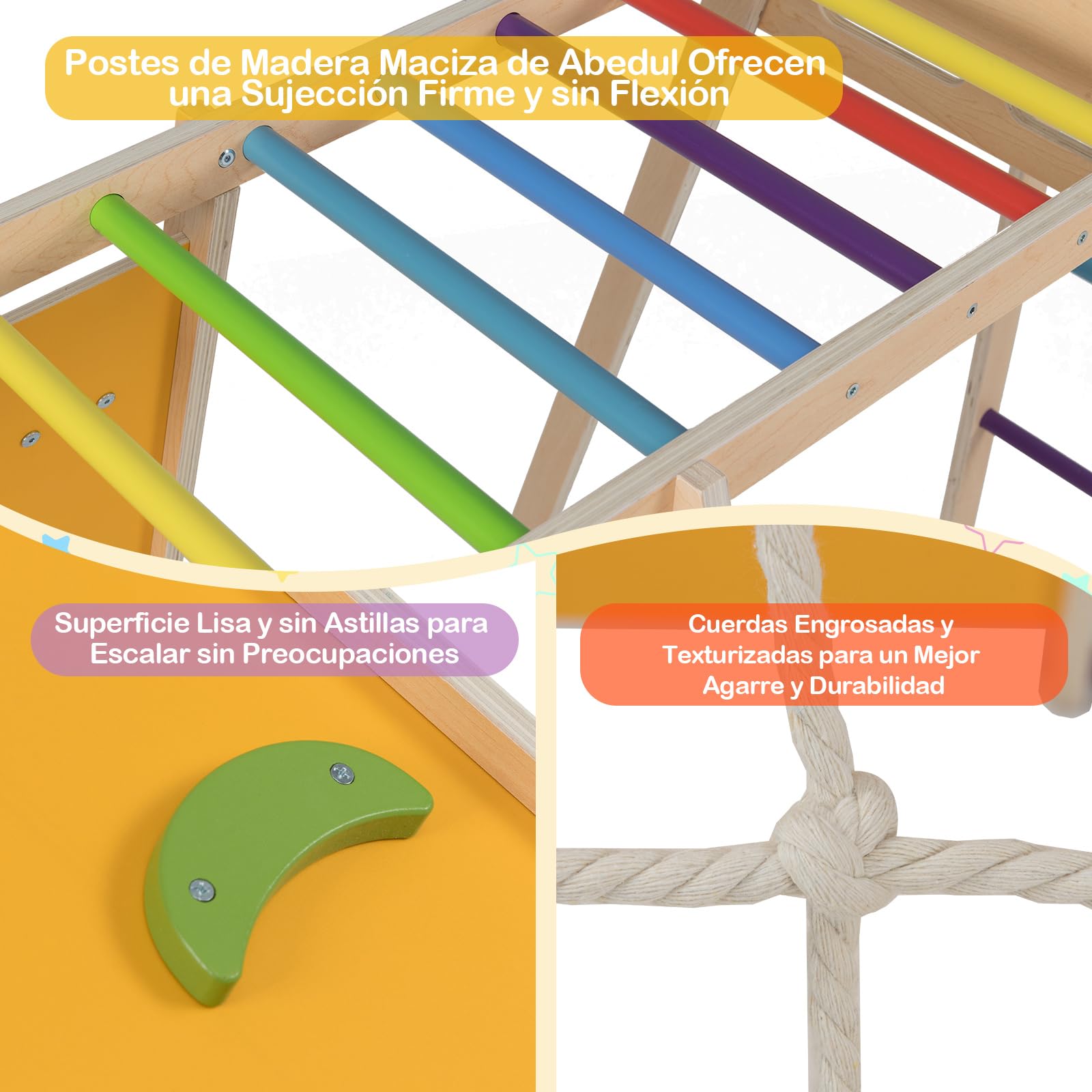 COSTWAY Gimnasio Infantil para Interior 6 en 1, Parque Infantil de Madera Montessori para Escalar con Tobogán, Escalada, Aro de Baloncesto, Barras de Mono, Red de Cuerda, Escalera (Multicolor)