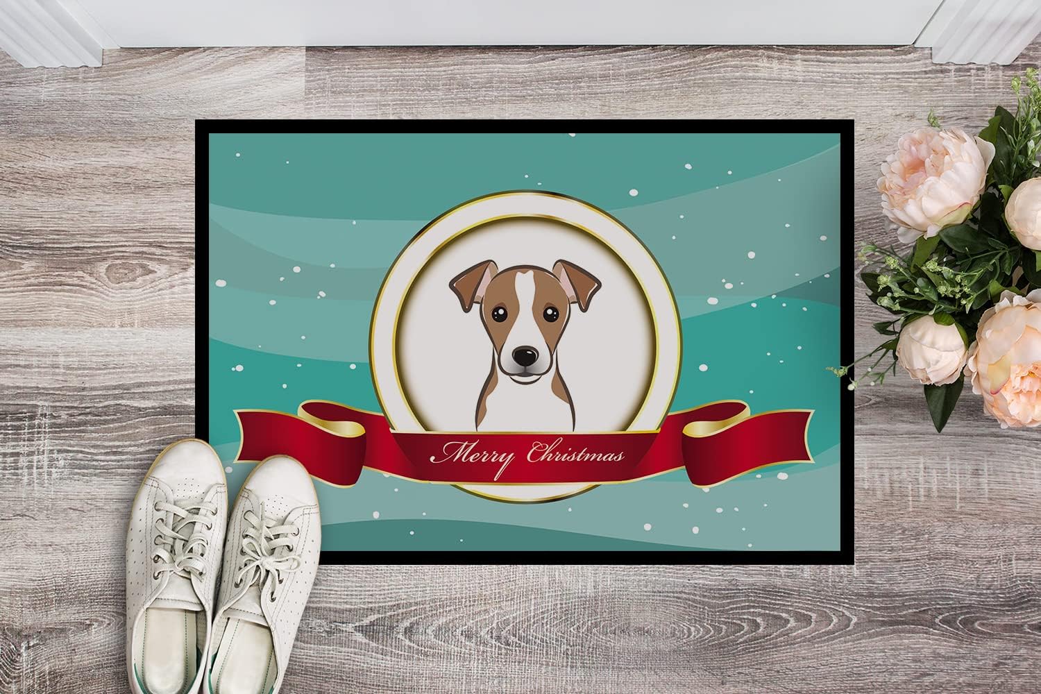 Caroline's Treasures BB1570MAT Jack Russell Terrier Merry Christmas Doormat 18x27 Front Door Mat Indoor Outdoor Rugs for Entryway, Non Slip Washable Low Pile, 18H X 27W