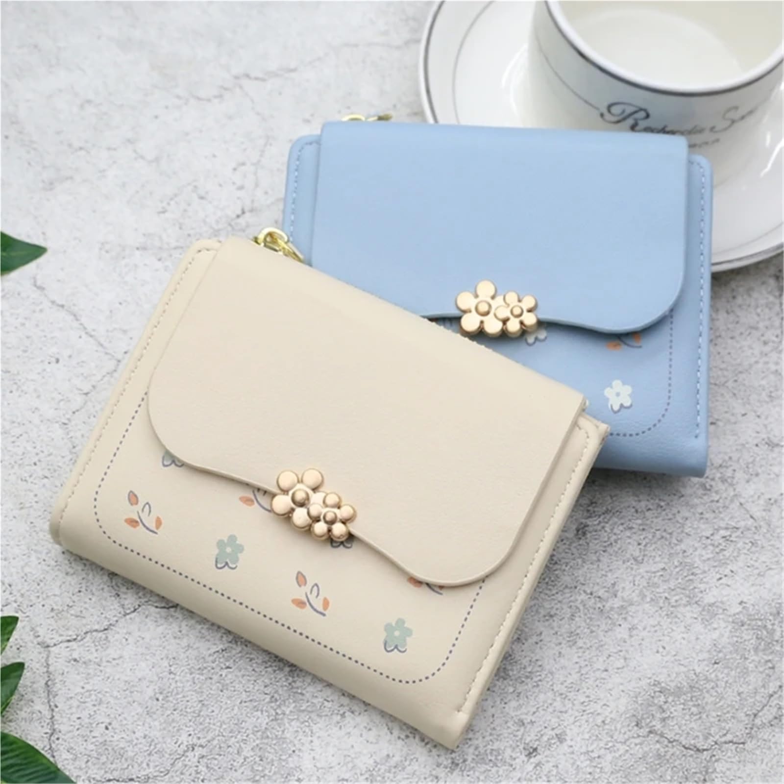 Monedero pequeño con Estampado Floral y Tarjetero de PU múltiples Compartimentos(White)
