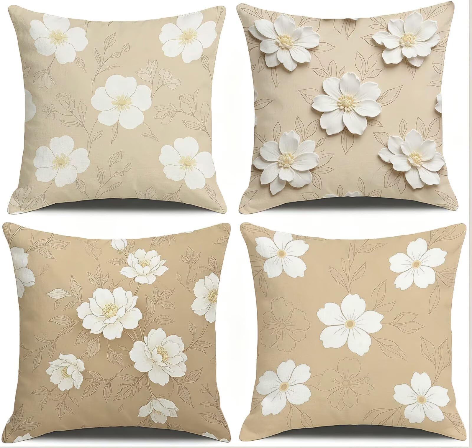 Beżowa poszewka na poduszkę 65 x 65 cm zestaw 4 poduszek outdoorowych | Aksamitna poszewka na poduszkę do salonu, na sofę, styl boho, 65 x 65 cm