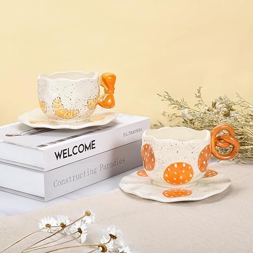 Miniatura 5 de Juego de taza de café y platillo de cerámica, lindo platillo alcalino en forma de pan, capuchino, taza demitasse expreso, 10 onzas, perfecto para té