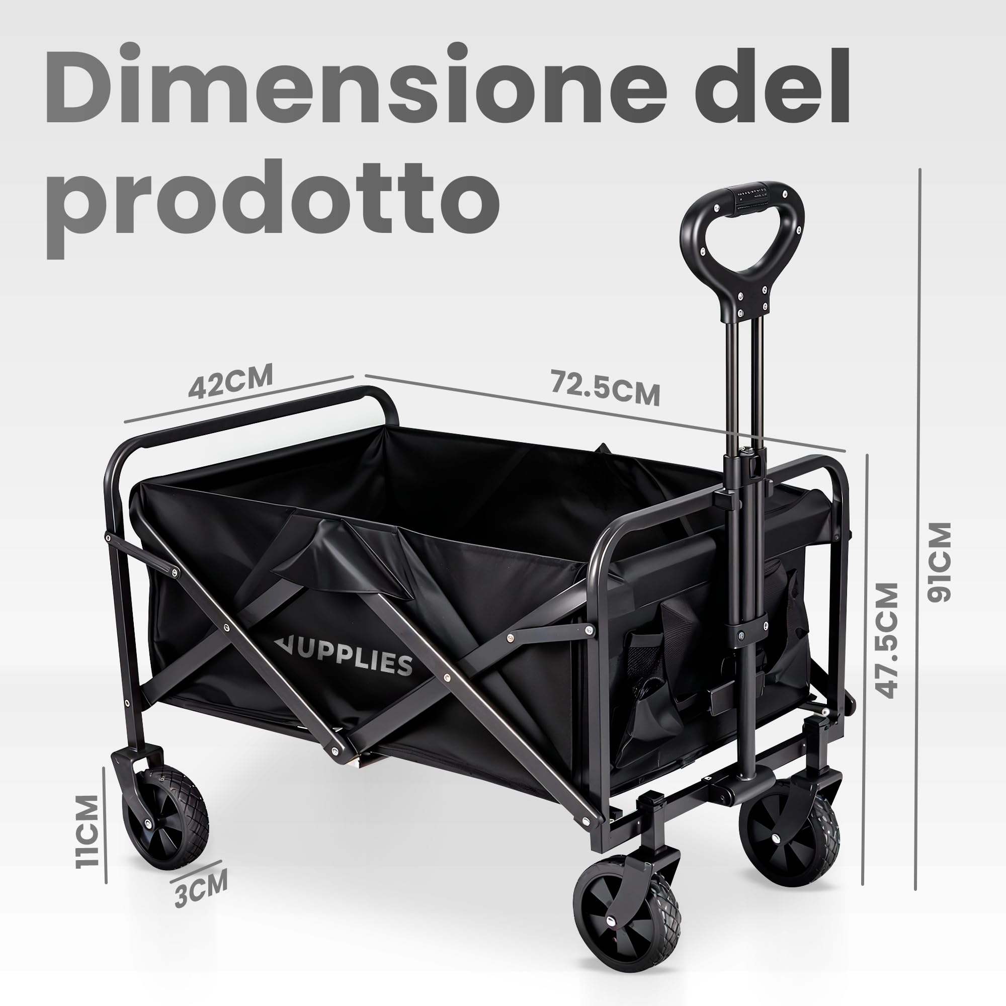 JUPPLIES Carrello da Spiaggia Pieghevole con Ruote Grandi Tutto Terreno in Acciaio e Tessuto Oxford 600D Impermeabile fino a 75kg | Carrello Portatutto Ideale per Mare, Campeggio, Giardino e Spesa