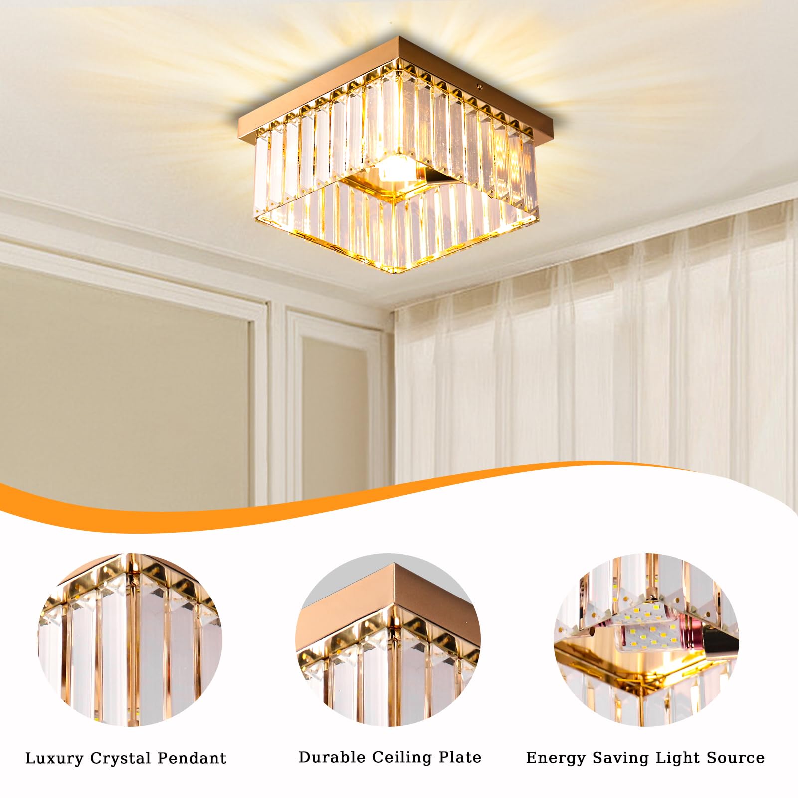 Cainjiazh Lustre Cristal Carré 9.8 Pouces - Lampe Plafonnier Moderne E26 Salon Chambre