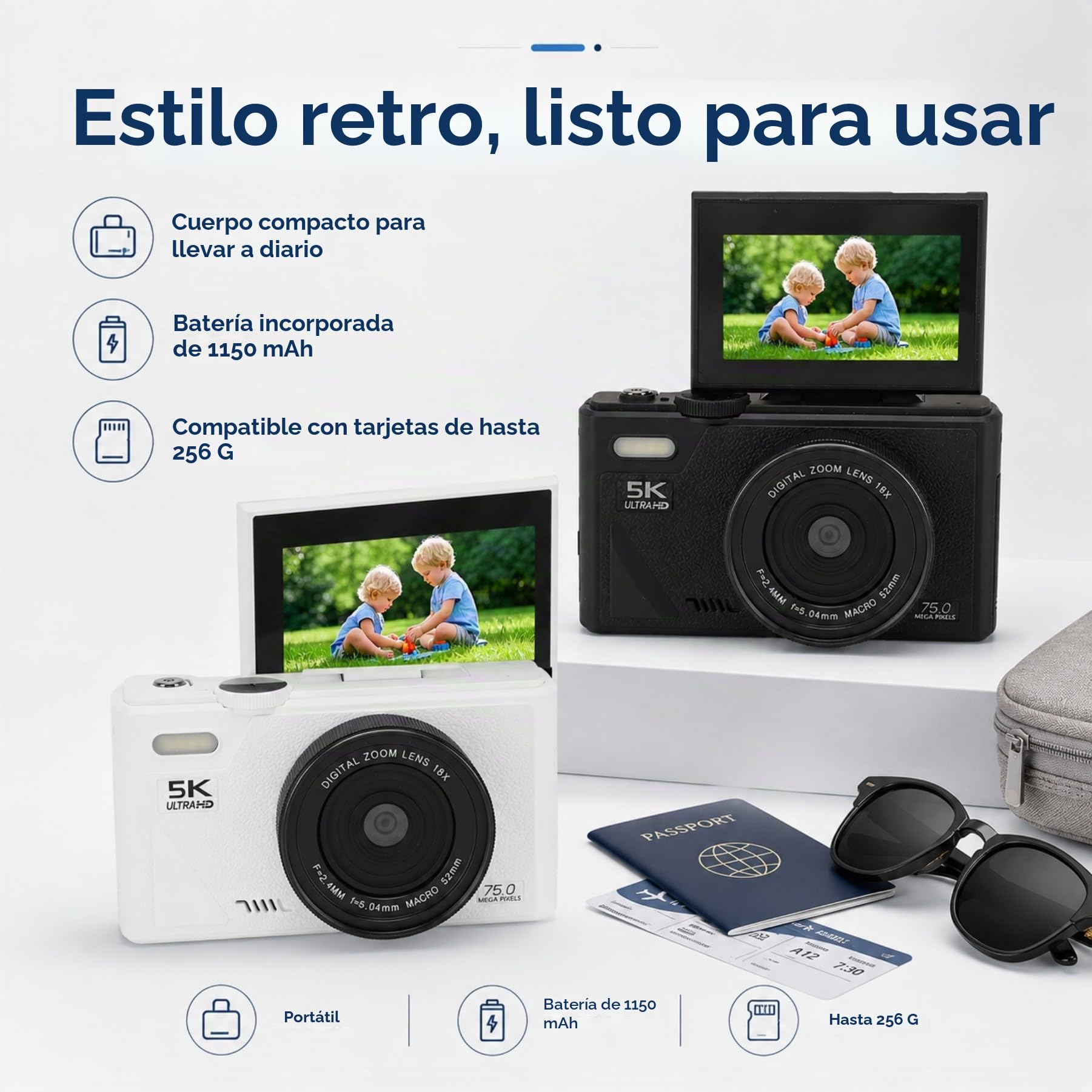 Cámara digital 5K 75MP con estabilización de zoom óptico de 18x, pantalla abatible de 3 pulgadas, cámara digital retro, cámara compacta para viajes, fotografía, vlogging, familia (blanco)