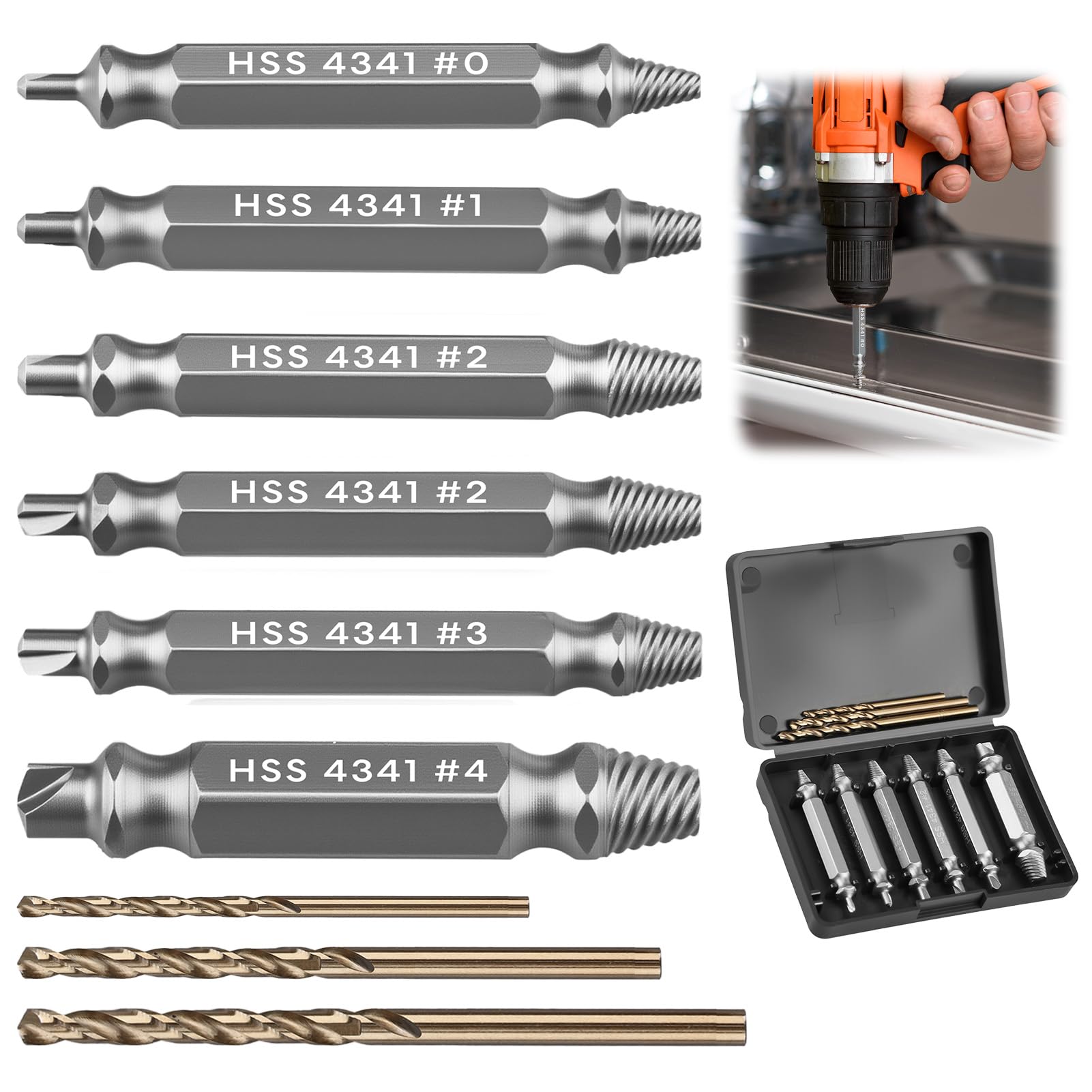 Damaged Screw Extractor Set HSS 4341#, 9 Pcs Double-Ended Silver Screw Remover with 3 Pcs Twist Drill Bits Easy Out Bolt Extractor Set for Stripped Rusted Broken and Stubborn Screws