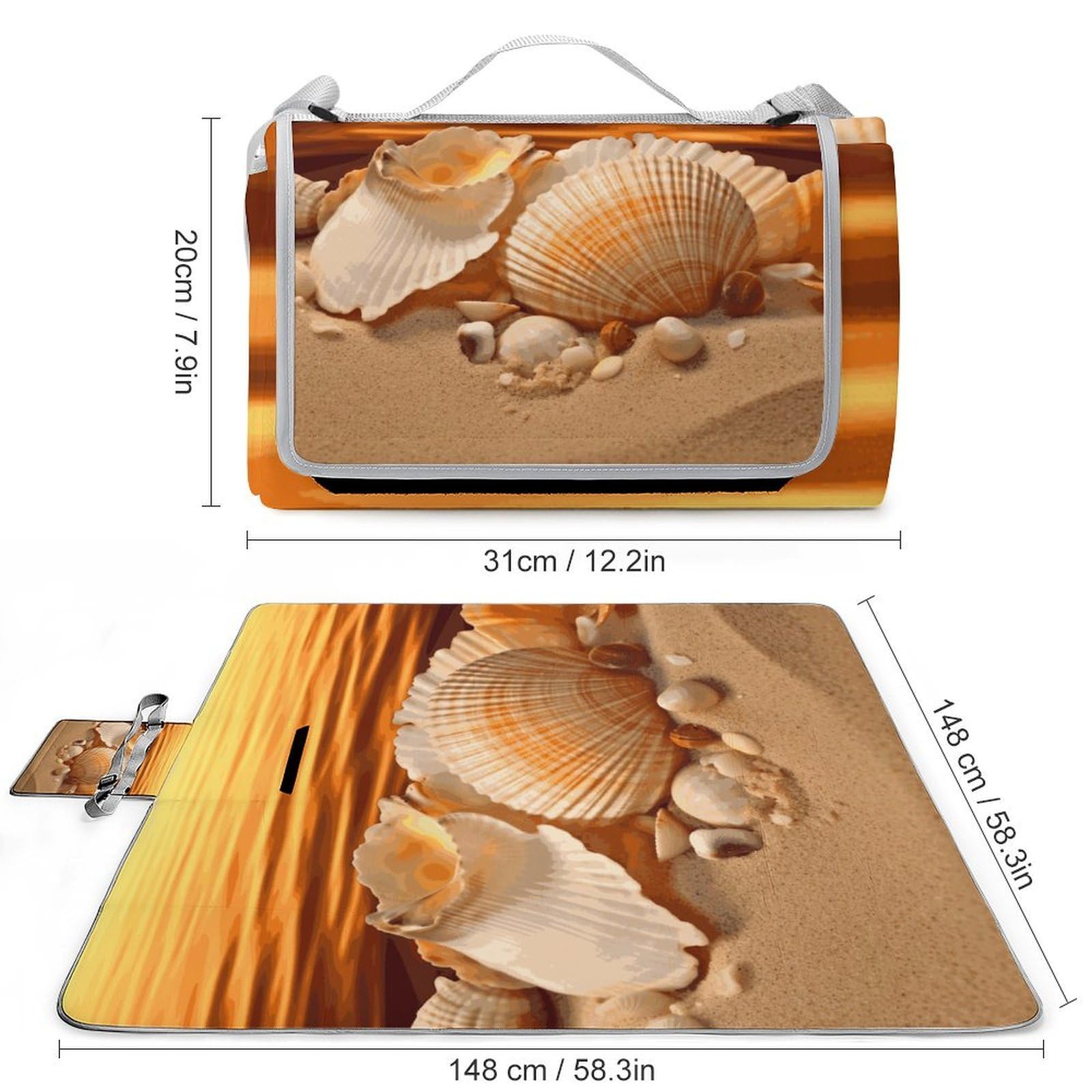 Tappetino pieghevole per esterni con conchiglie e sabbia, superficie impermeabile, facile da pulire, coperta da viaggio, per campeggio primaverile ed estivo