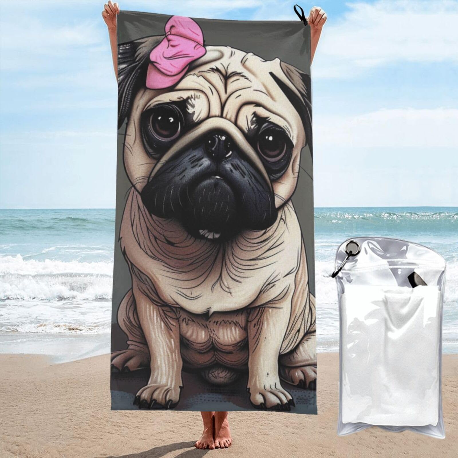 kkvhhyuo Microfiber Beach Towel, Pug Dog Printed Lightweight Quick Dry Travel Bath Sheet with Compact Carry Bag for Swimming Yoga Camping Gym,31.5"x63"