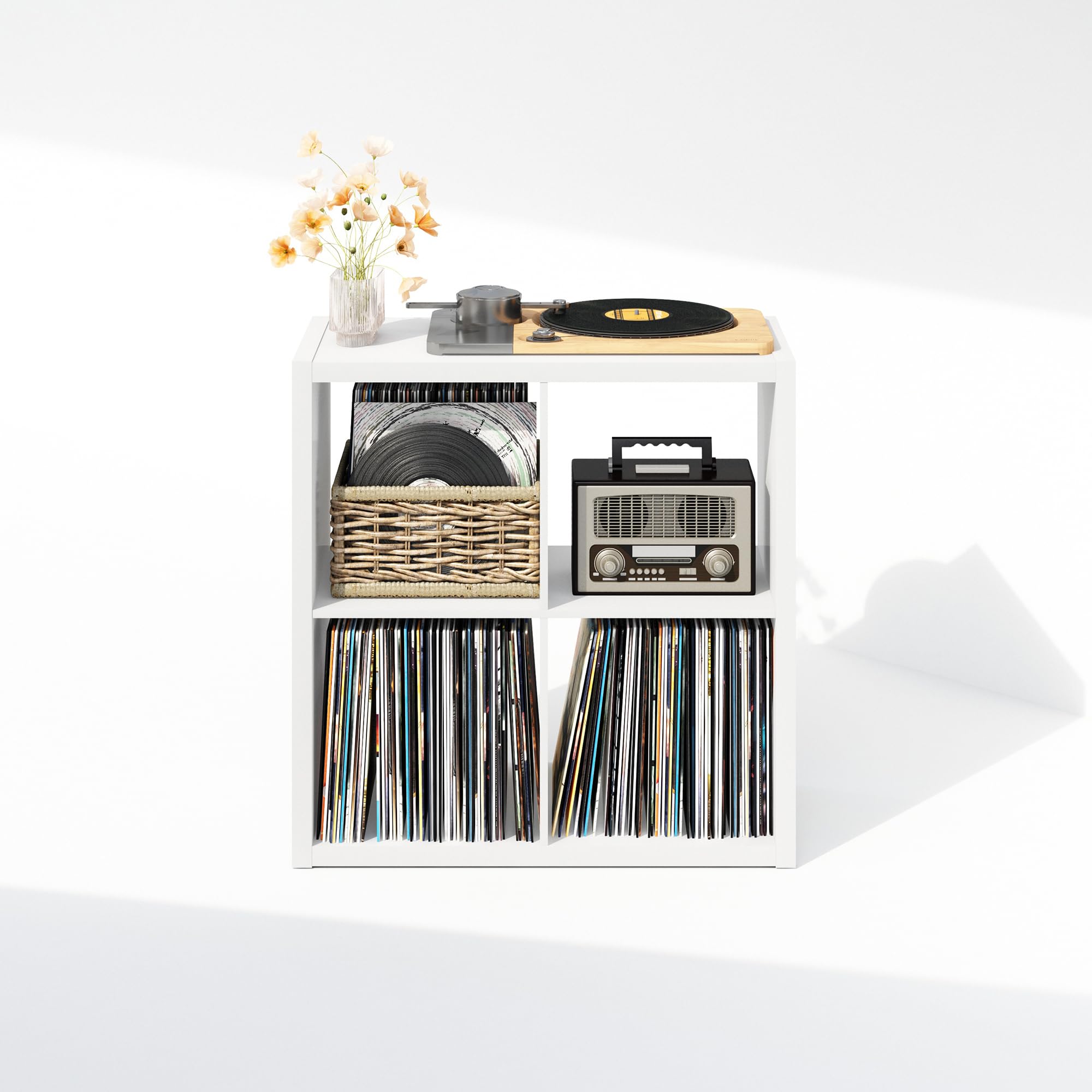 Furinno Cubicle Meuble Tourne-Disque avec Rangement pour Vinyles, 4-Cube Rangement pour Disques Vinyles 1.2 Extra Épais, Multimédia Ouverte À L'Arrière pour CD DVD Disques De Jeu Blu-Ray, Blanc