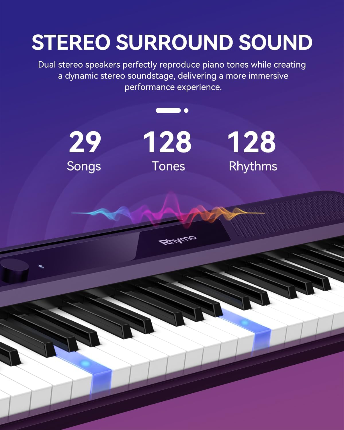 Rhymo 61 Keys Smart Keyboard, Lighted Up Keys Electric Piano Keyboard, Learning Keyboards Piano for Beginners with 29 Demo Songs, 128 Tones, 128 Rhythms, Built-in LED Lights & Apps, Speakers