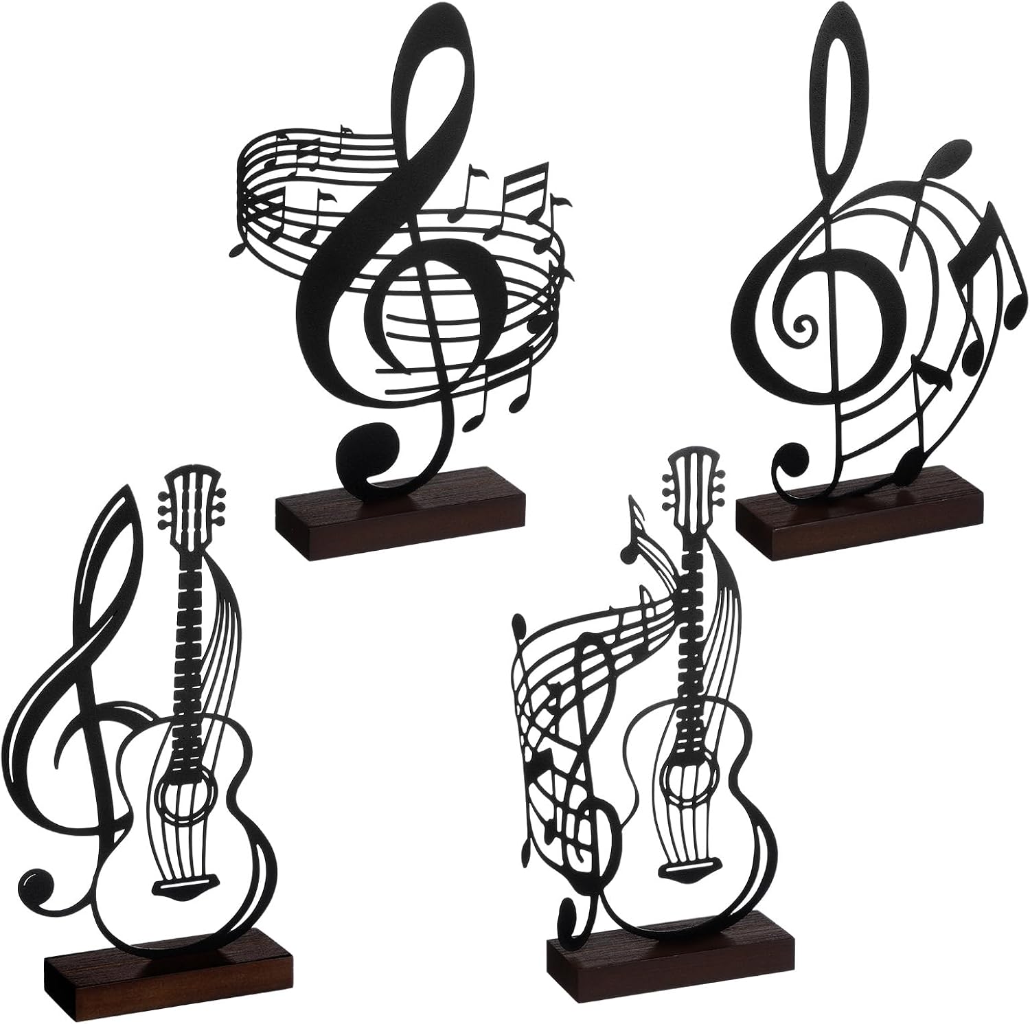 4 Pcs Metal Music Sculpture with Wood Stand for Music Lovers and Home Decoration Handmade Metallic Statue for Office Bookshelf Graduation Musical Teacher Gifts (Mixed)