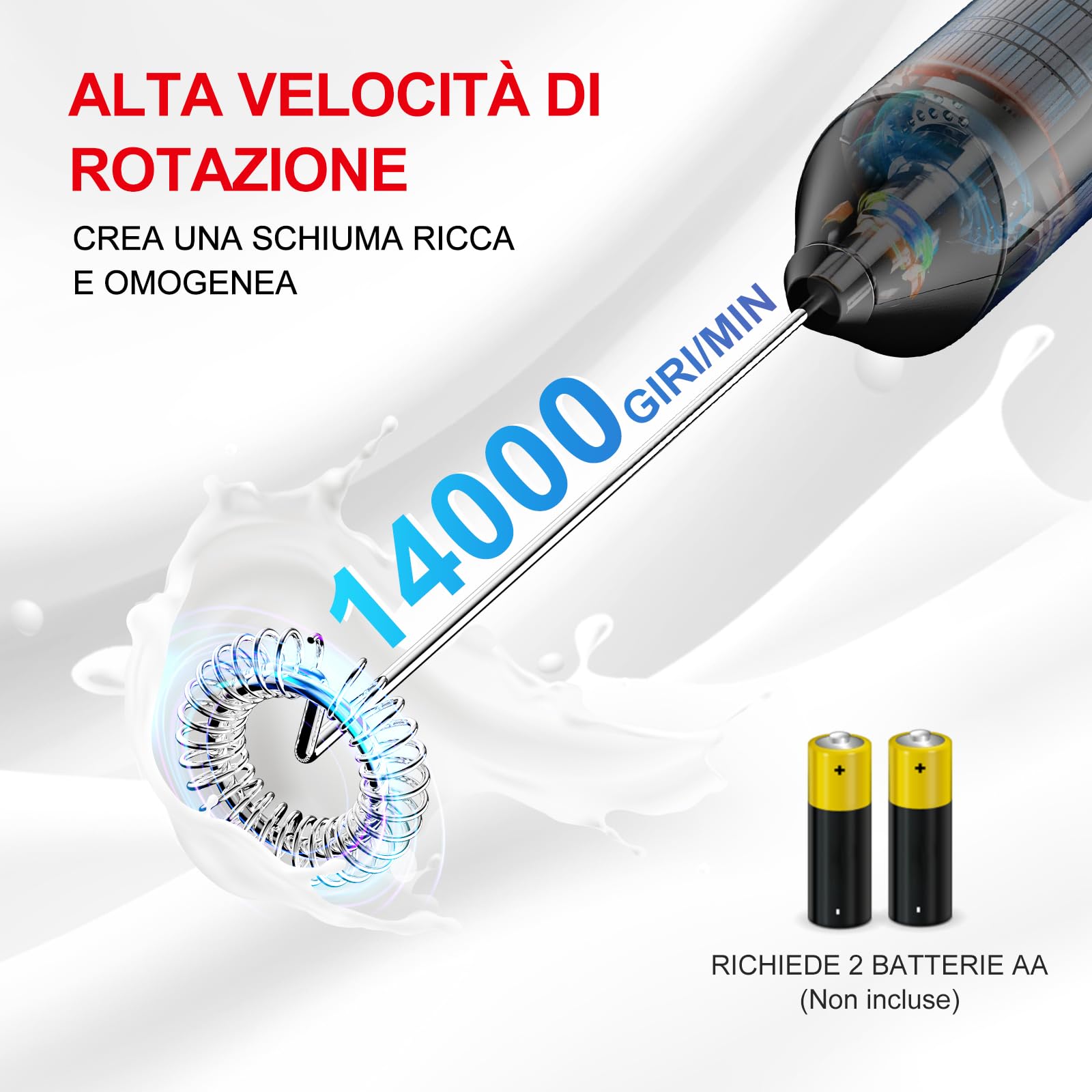 Bonsenkitchen Montalatte Elettrico, Frullino Montalatte con Frusta in Acciaio INOX, Funziona a Batteria, Potente Schiumalatte Elettrico per Caffè, Latte, Cappuccino, Matcha