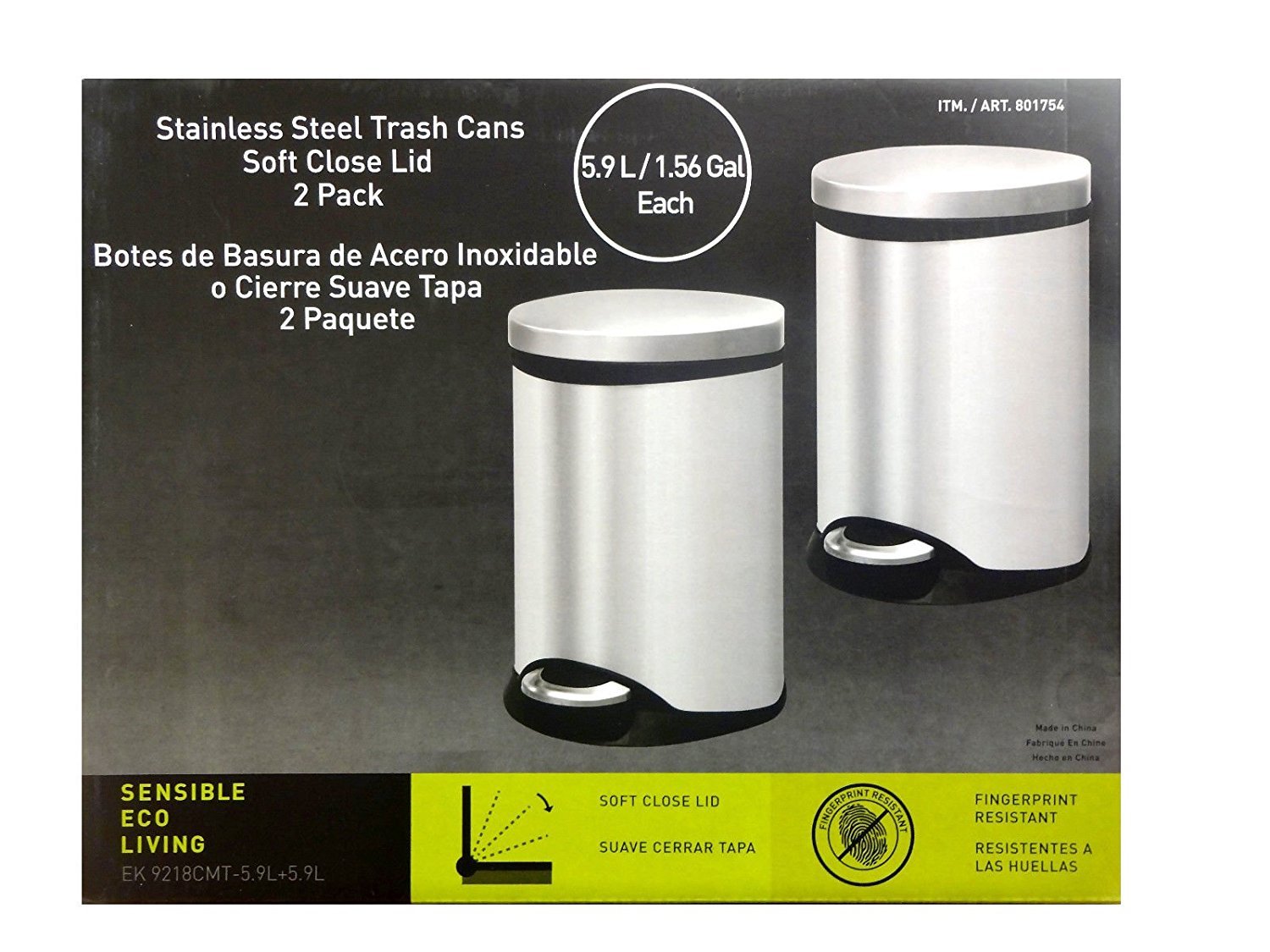 Sensible Eco Living 1.56 gal 2Pack Stainless Steel Trash Cans w/ Soft Close Lids