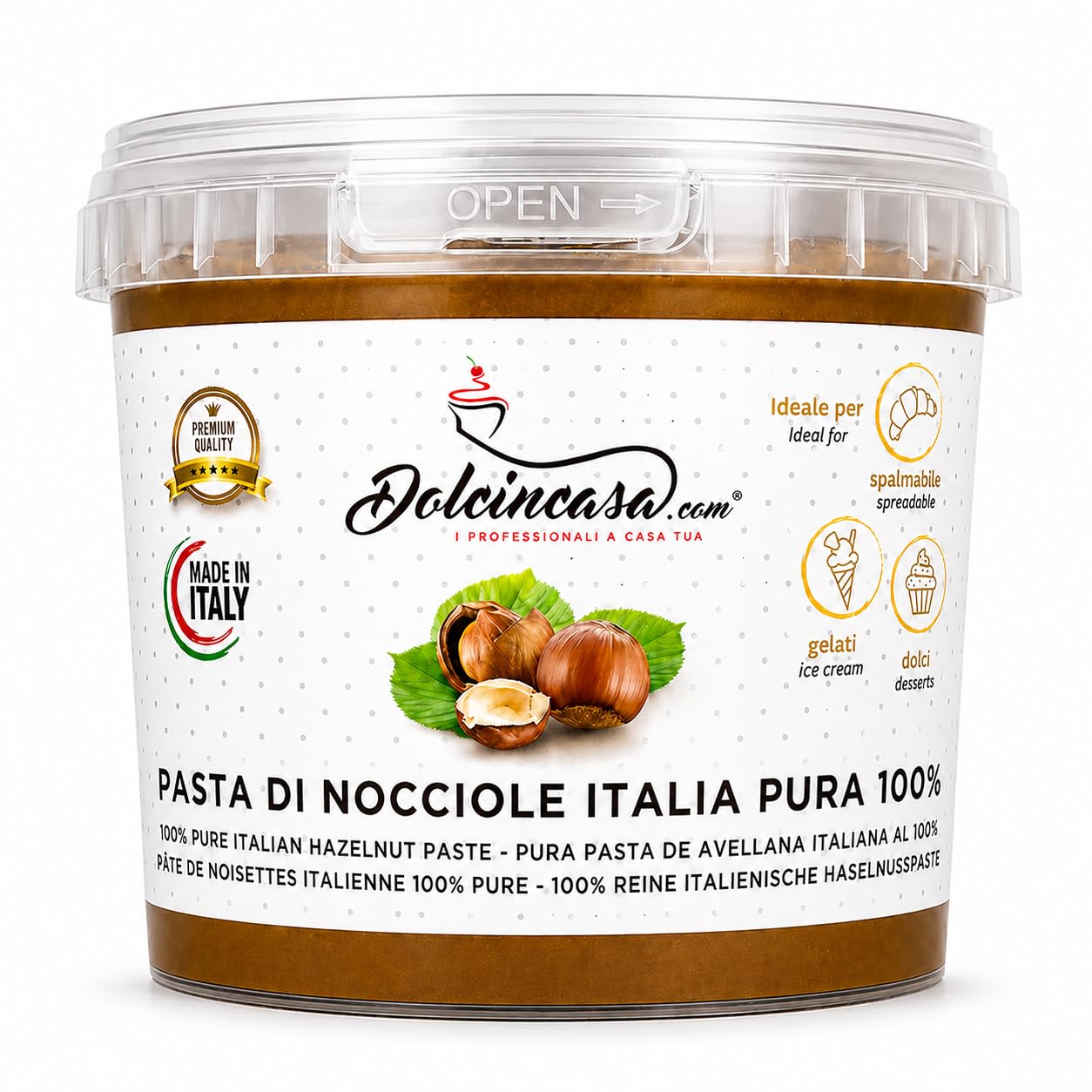 Dolcincasa-com Pâte de Noisettes Torréfiées 100% Pure Crème à Tartiner pour Glace Café et Diverses Utilisations en Confiserie Décorations Remplissages Sans Gluten sans Epaississants 500 Grammes