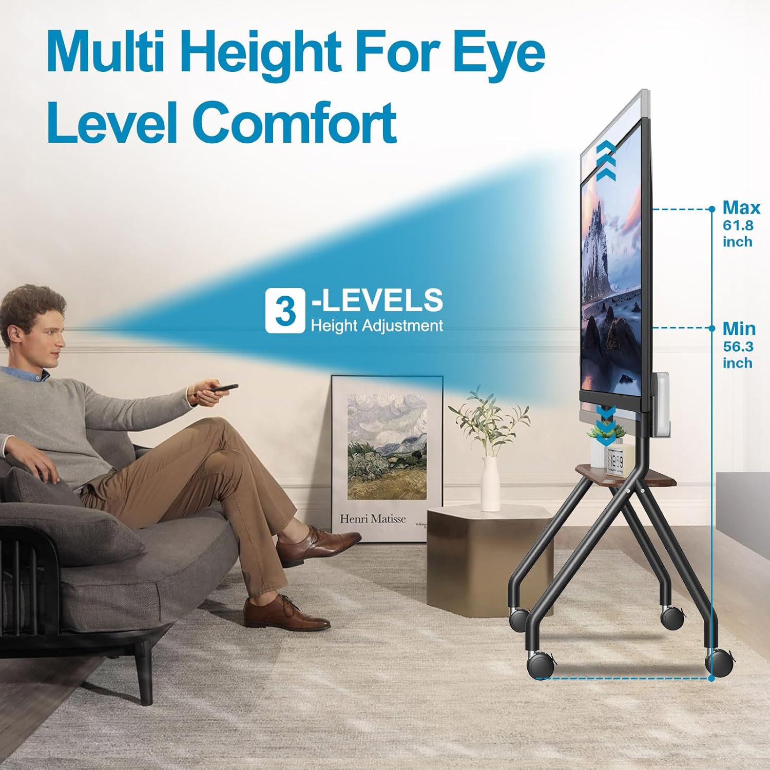 Mobile TV Cart Easel Rolling TV Stand for 32 to 90 Inch LCD LED OLED Flat Curved Panel Screens, Height Adjustable Portable Floor TV Stand with Locking Wheels Hold Up to 180 Lbs Max VESA 800x600mm