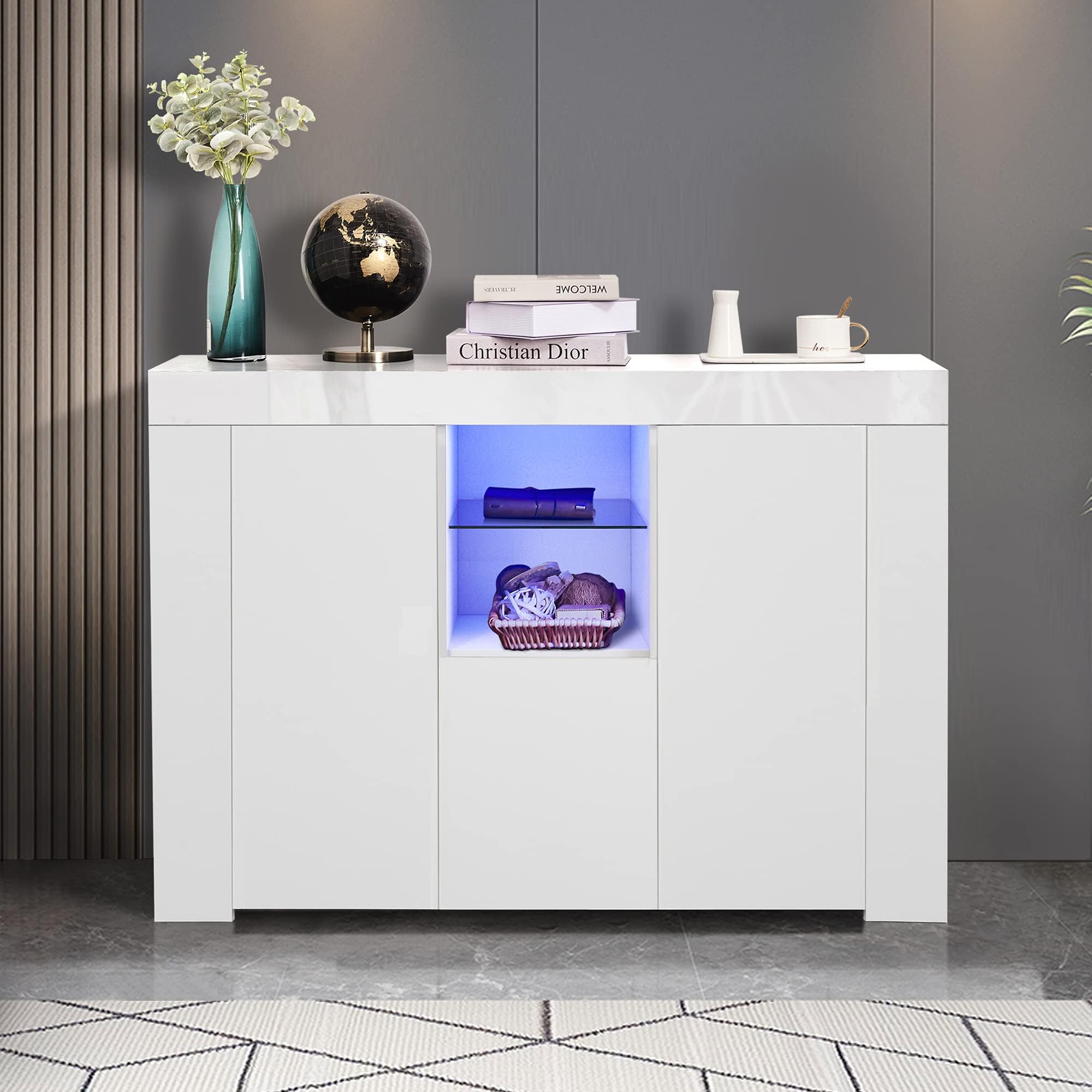 CWYSJ White Dining Room Buffet Storage Cabinet Hallway Living Room TV Stand Unit Display Cabinet with Drawer and 2 Doors, Kitchen Sideboard Cupboard with LED Light