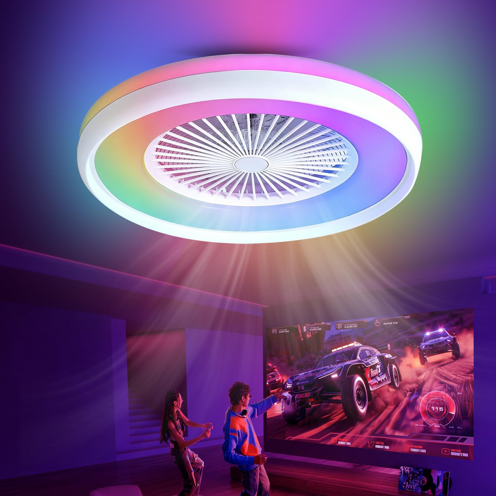 SXDMOUBK 48CM RGB Ceiling Fan with Light & Bluetooth Speaker,Remote and APP Control,6 Speeds Quiet Ceiling Fan Reversible Timer Fan Light Ceiling Dimmable LED with Memory for Bedroom Kids Room