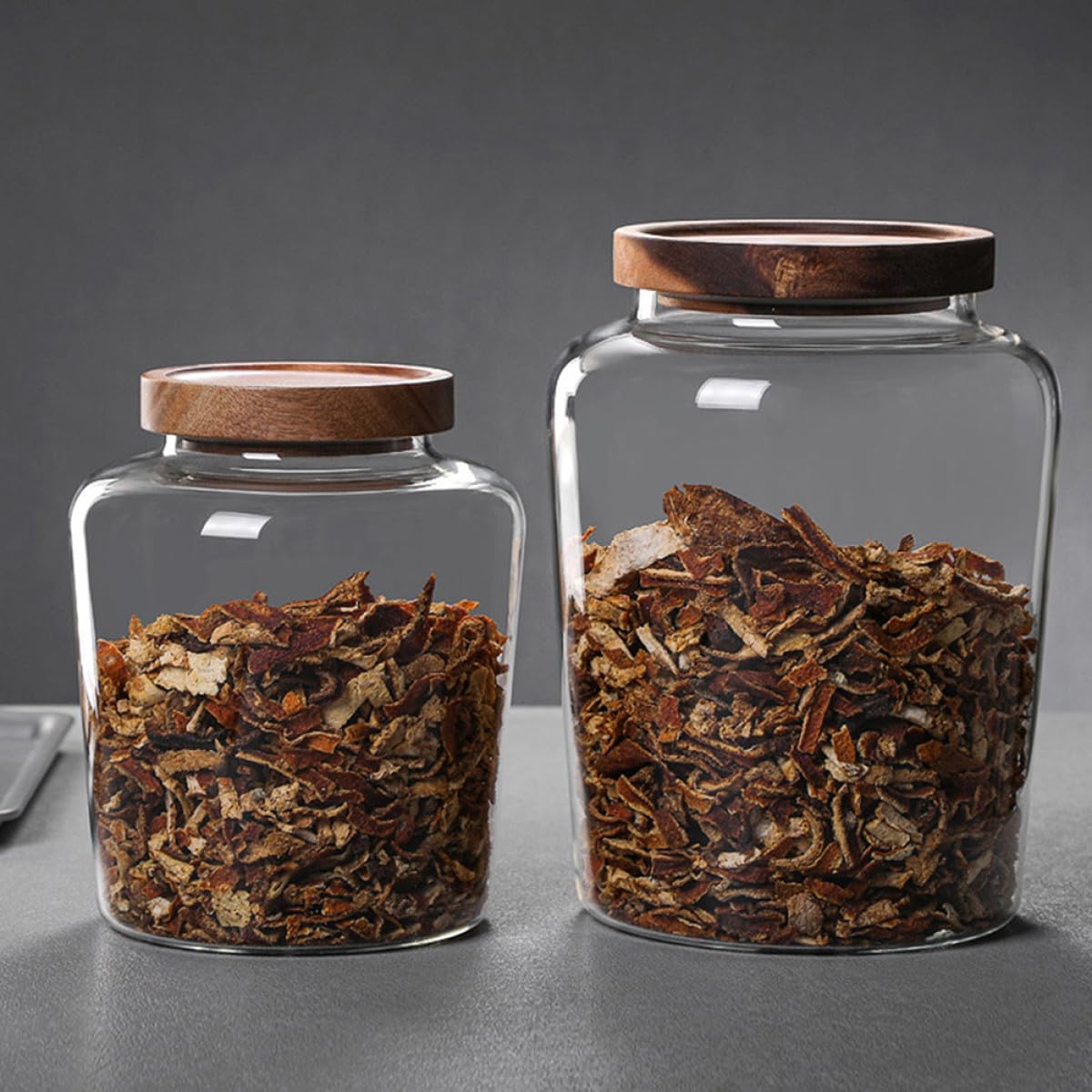HOMSFOU Barattolo di Vetro Trasparente per Alimenti e Tè Coperchio in Legno di Acacia, Contenitore Ermetico per Cereali e Frutta Secca, Barattolo Alto per Conservazione Alimentare