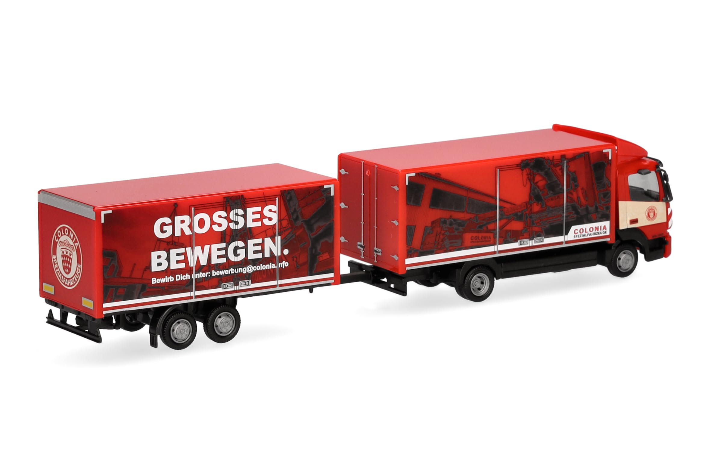 Herpa model ciężarówki Mercedes-Benz Atego 13 zestaw skrzyniowy "Colonia", miniatura w skali 1:87, model kolekcjonerski, wyprodukowano w Niemczech, tworzywo sztuczne