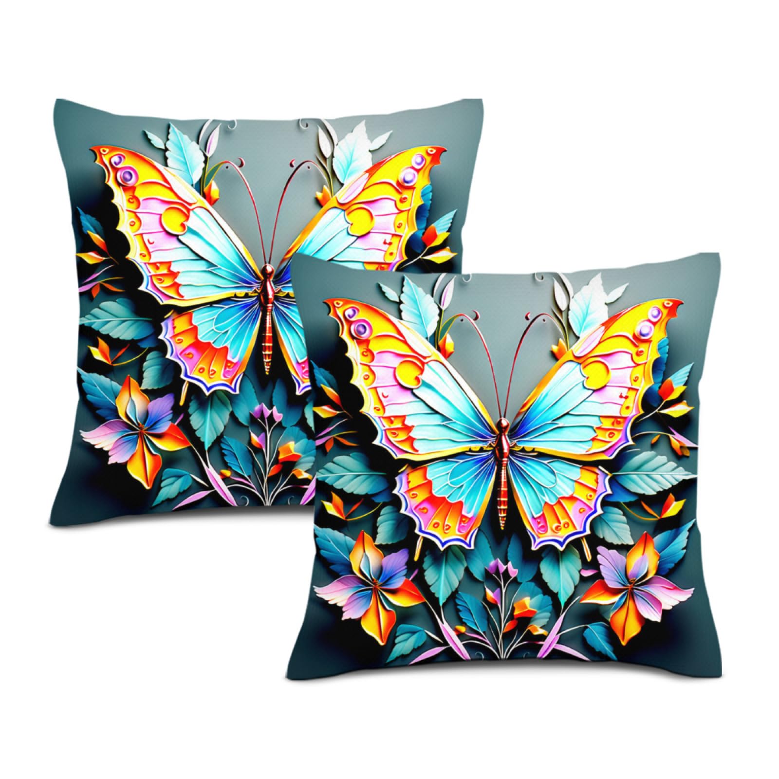 Set of 2 Throw Pillow Covers Butterfly Print Decorative Pillowcases Cool Abstract Watercolor Butterflies and Leaves Pattern Design - Cushion Cover 2 PCS