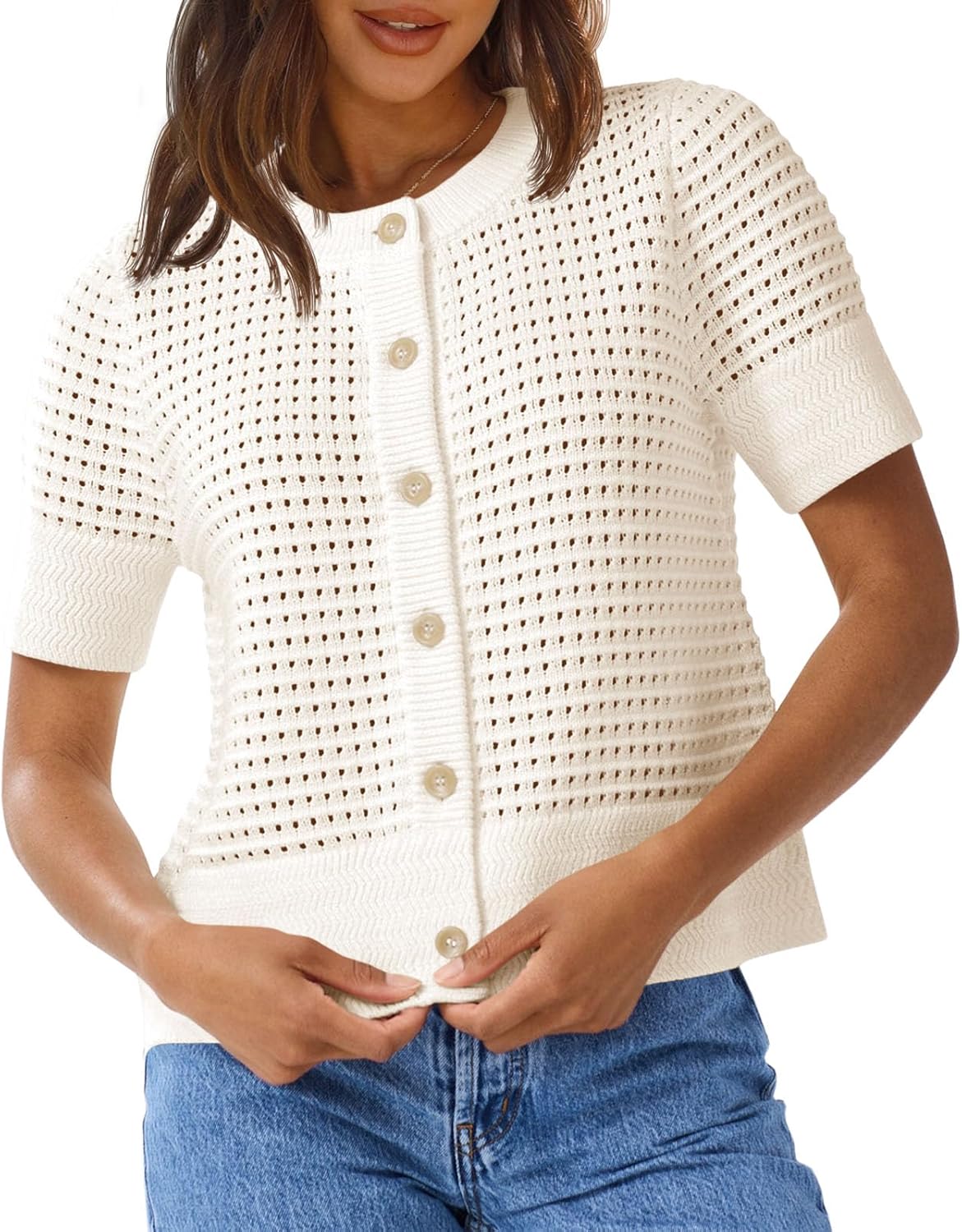 Saodimallsu Womens Crochet Short Sleeve Cardigans Button Up Crew Neck Summer Beach Knit Sweater Tops