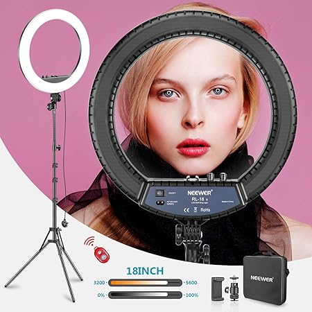 Neewer RL-18II Bi-color 18-inch LED Ring Light with Stand 55W 3200-5600K Dimmable Light with Max. 61.8inch Stand, Remote Phone Holder and Carry Bag for Live Stream Makeup Selfie YouTube Video Shooting