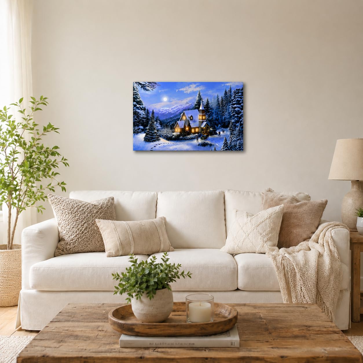【アメリカで購入LEDライト付き】クリスマスの家の風景画サイズ65cm✕50cm Amazon.com: BANBERRY DESIGNS LED Lighted Church Christmas Canvas