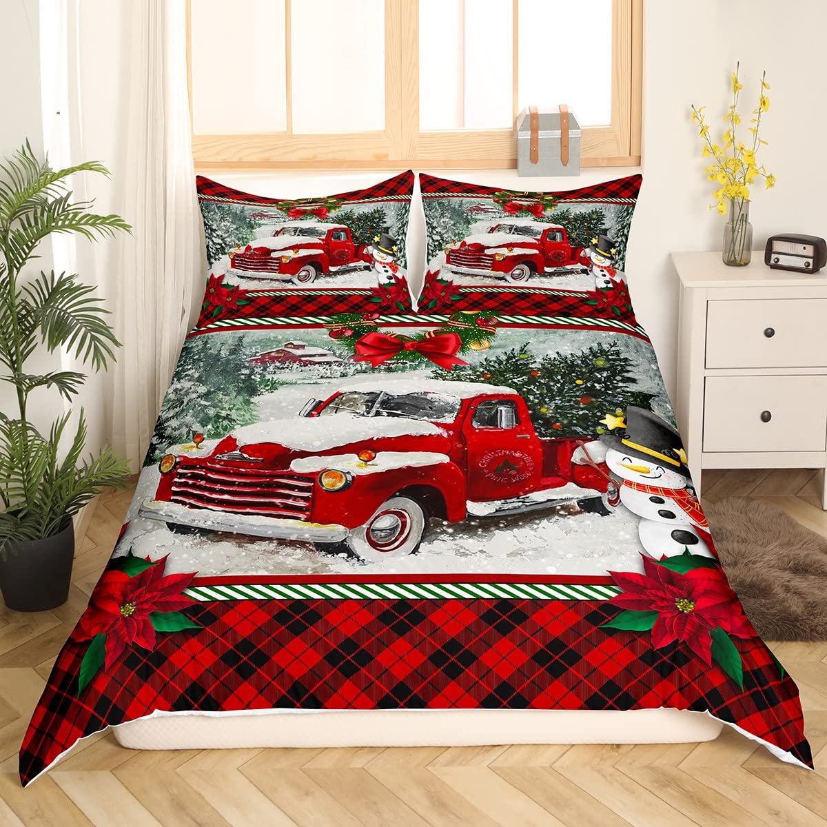Manfei Christmas Duvet Cover Set Single Size,Red Vintage Car Snowman Bedding Set 2 pcs,Red Plaid Quilt Cover for Kids Teens Adults Room Decor,1 Pillowcase,No Comforter — image 1