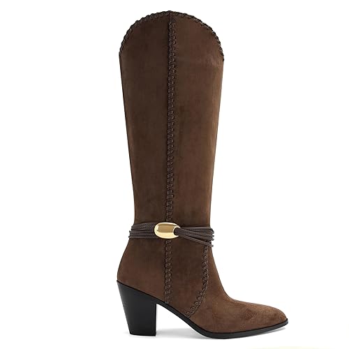 XBKXMK Suede Cowboy Boots for Women Pointed Toe Knee High