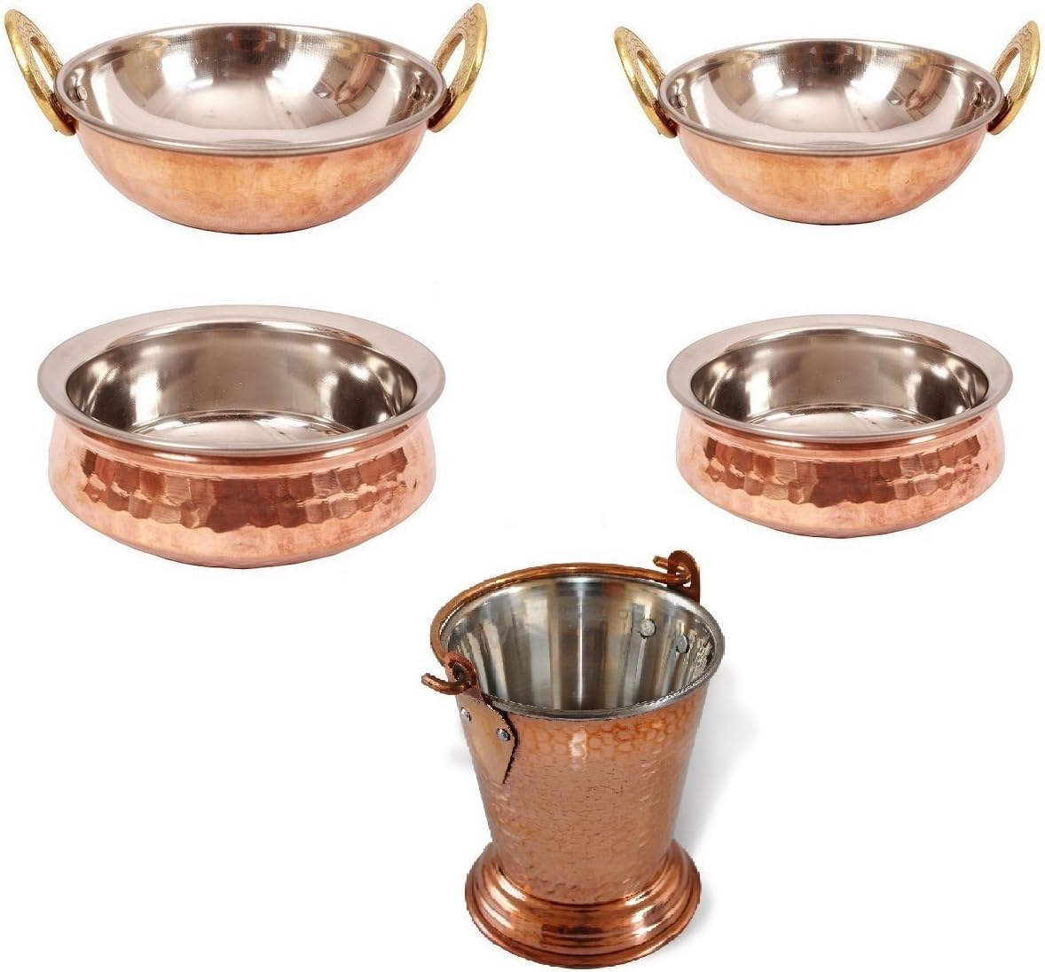 Amazon｜Indian Copper Serveware 2 Handi Bowl, 2 Kadai, 1 Balti/Bucket
