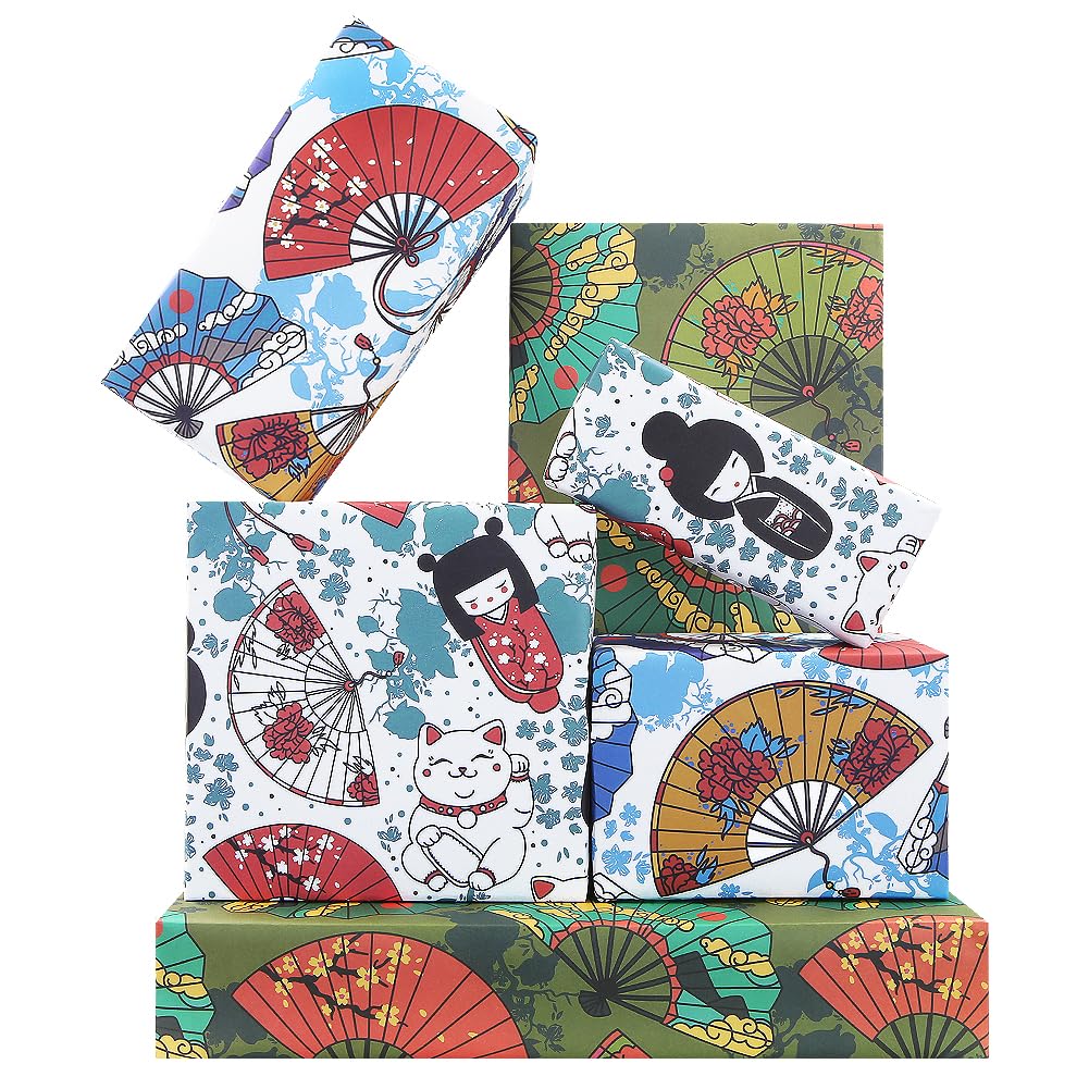 Japanese Wrapping Paper 6 Sheets, Japanese Style Fan Cat Maneki Neko 4 Styles Folded Flat Gift Wrap Paper for Birthday Wedding Baby Shower DIY Crafts Gift Packing Art Paper Decoration