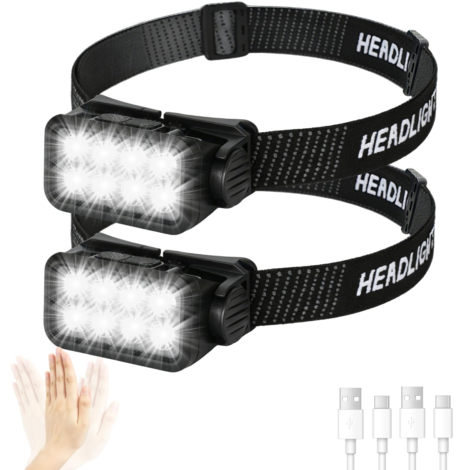 Mavtrail Rechargeable Head Torch 2 Pack, 8 LED 2500 Lumens Super Bright Headtorch 10 Modes with Motion Sensor, 120° Adjustable Waterproof Lightweight Headlamp Headlight for Camping, Running, Fishing